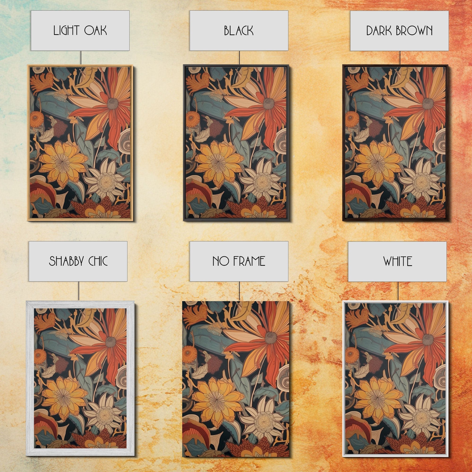Boho Style Wall Art, Framed Canvas Print 3 Piece Set
