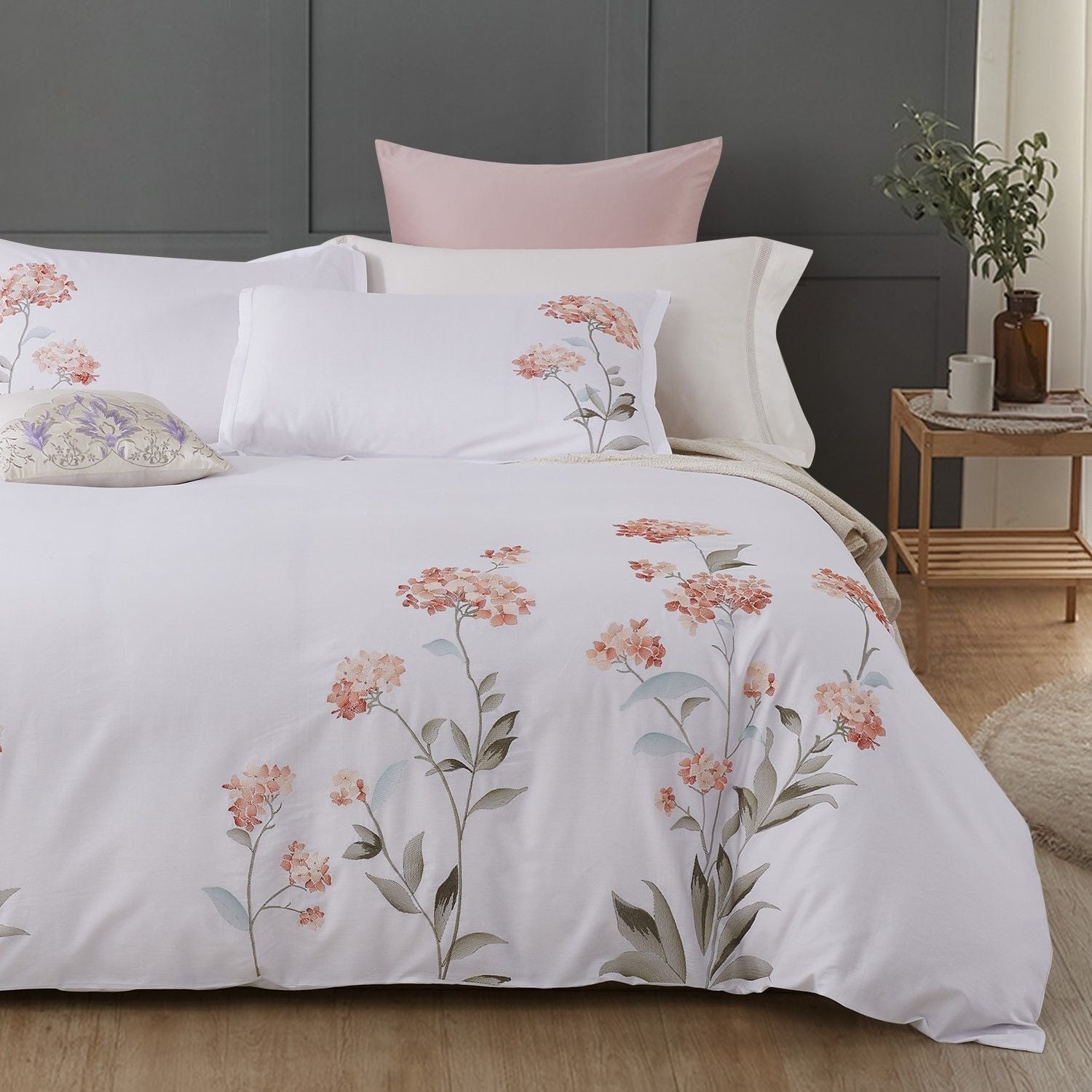 Hydrangea Embroidered Duvet Cover Set