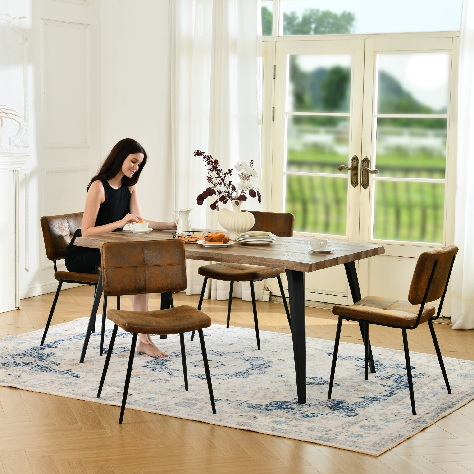 Lancelot 63" Walnut Dining Table for 6 with Black Metal Legs