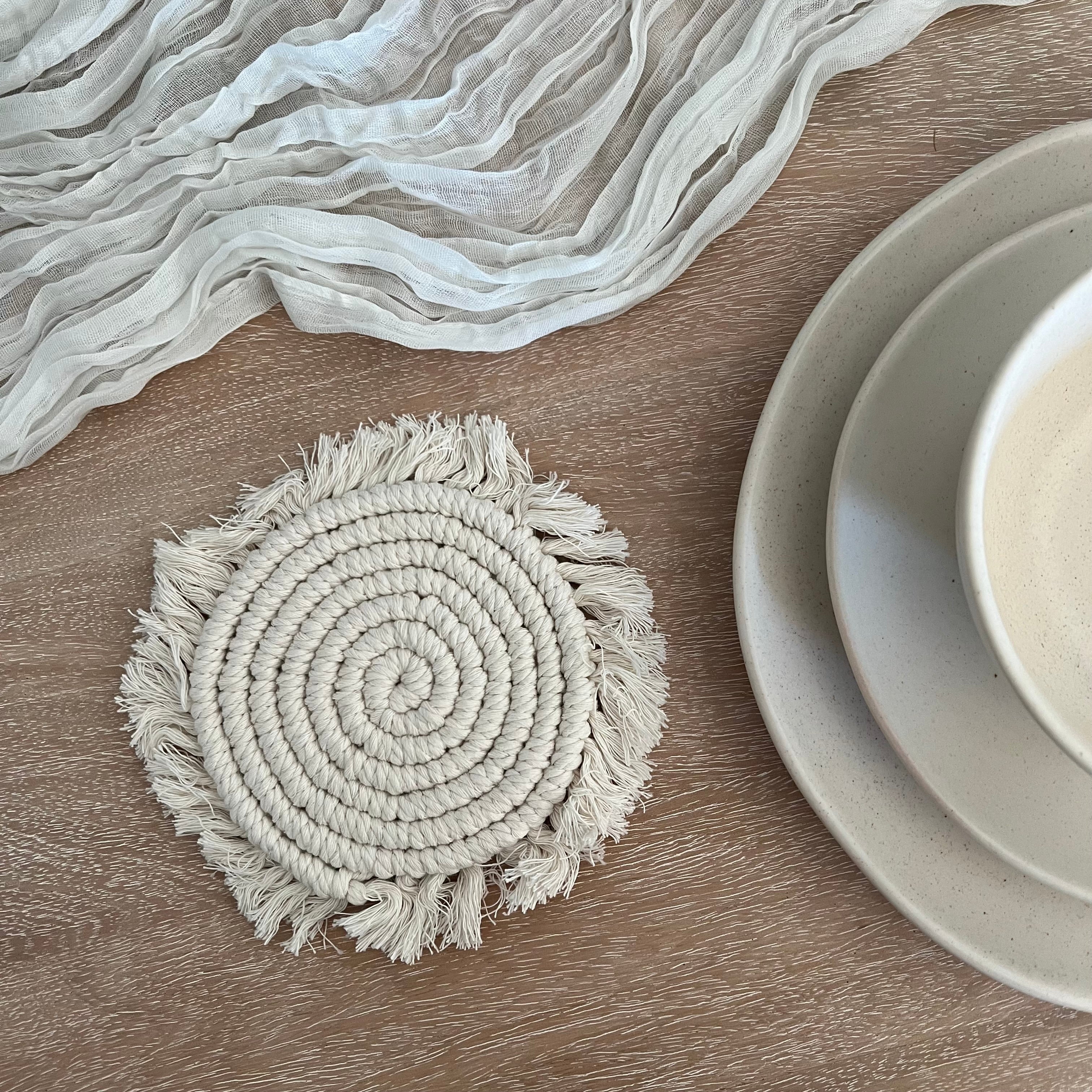 Macramé Drink Coasters, (7-inch)