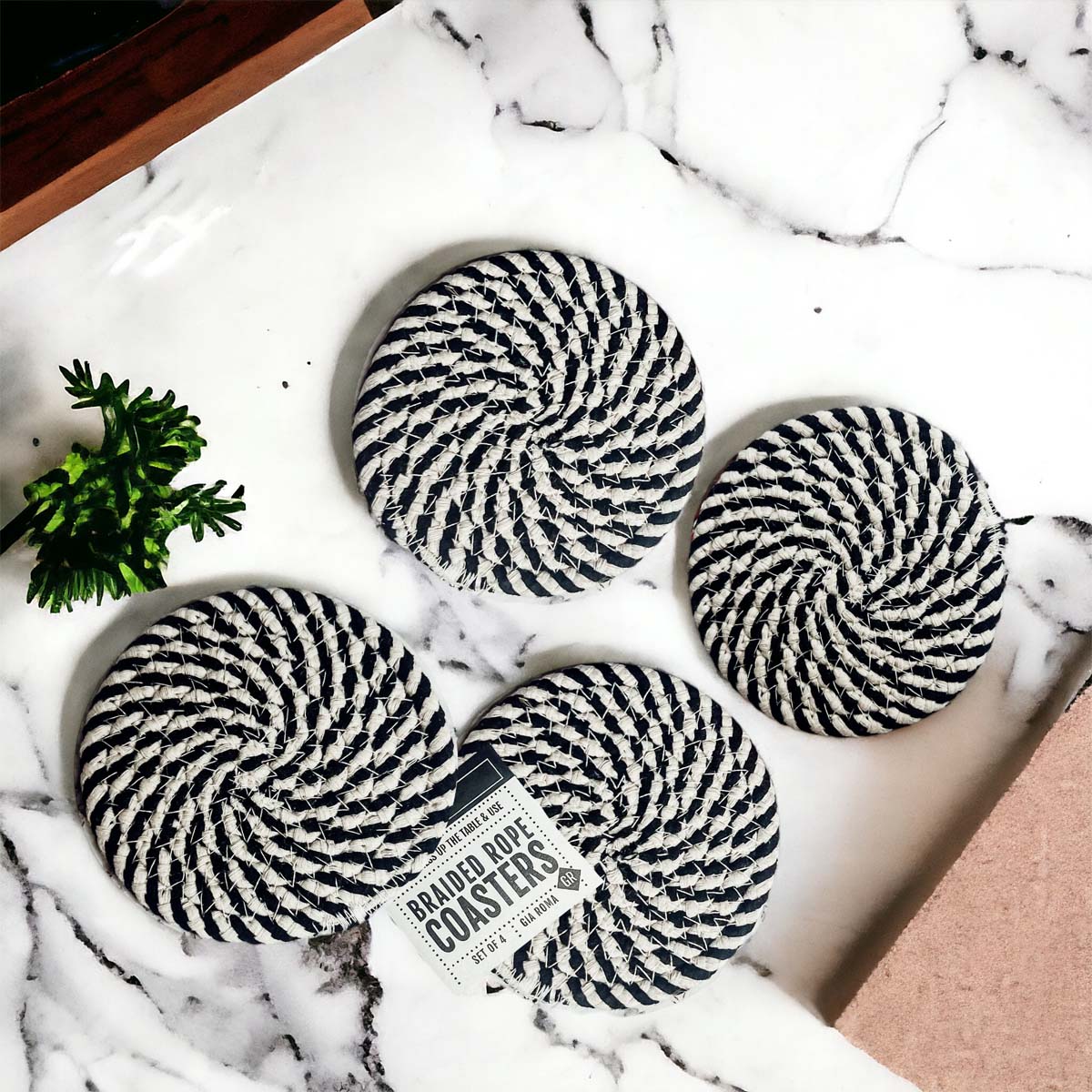 Black and White Braided Rope Coasters Set of 4 | Modern Home Decor Gift | Gia Roma