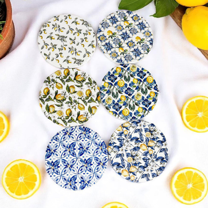 Luxury ceramic coasters Mediterranean lemon pattern blue white chinoiserie style cork back drink coaster
maximalist decor ceramic coasters Mediterranean lemon design luxury blue yellow patterns cork back accessories