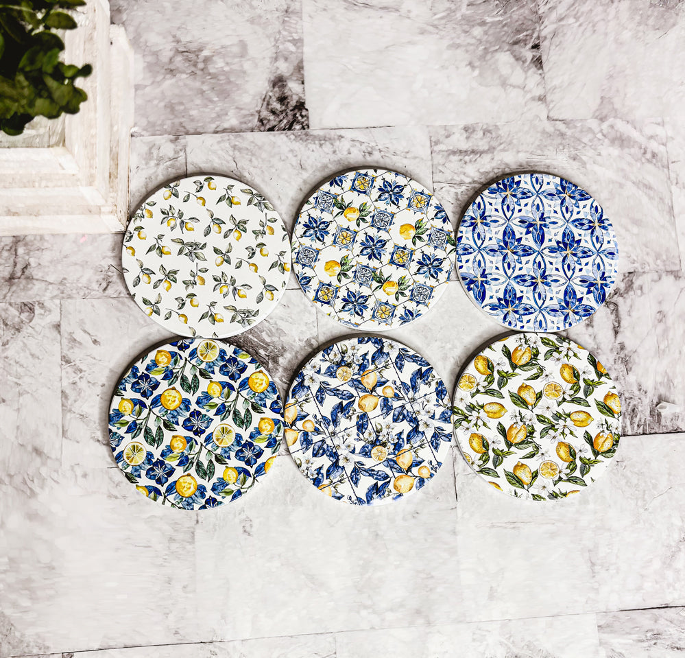 grandmillennial style ceramic coasters Mediterranean lemon pattern blue white luxury cork backing home decor