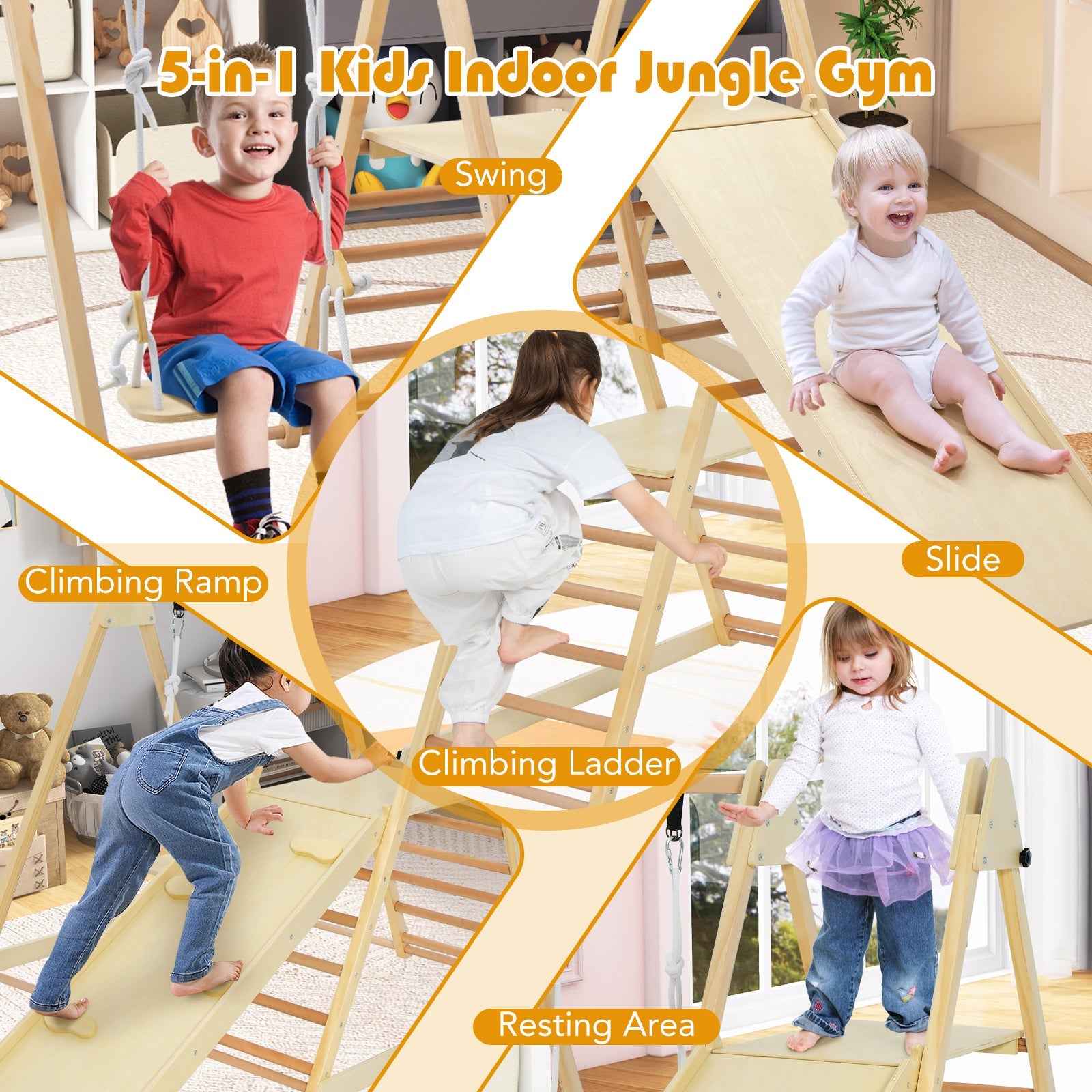 5-in-1 Indoor Jungle Gym Foldable Playset with Fun Slide and Adjustable Swing