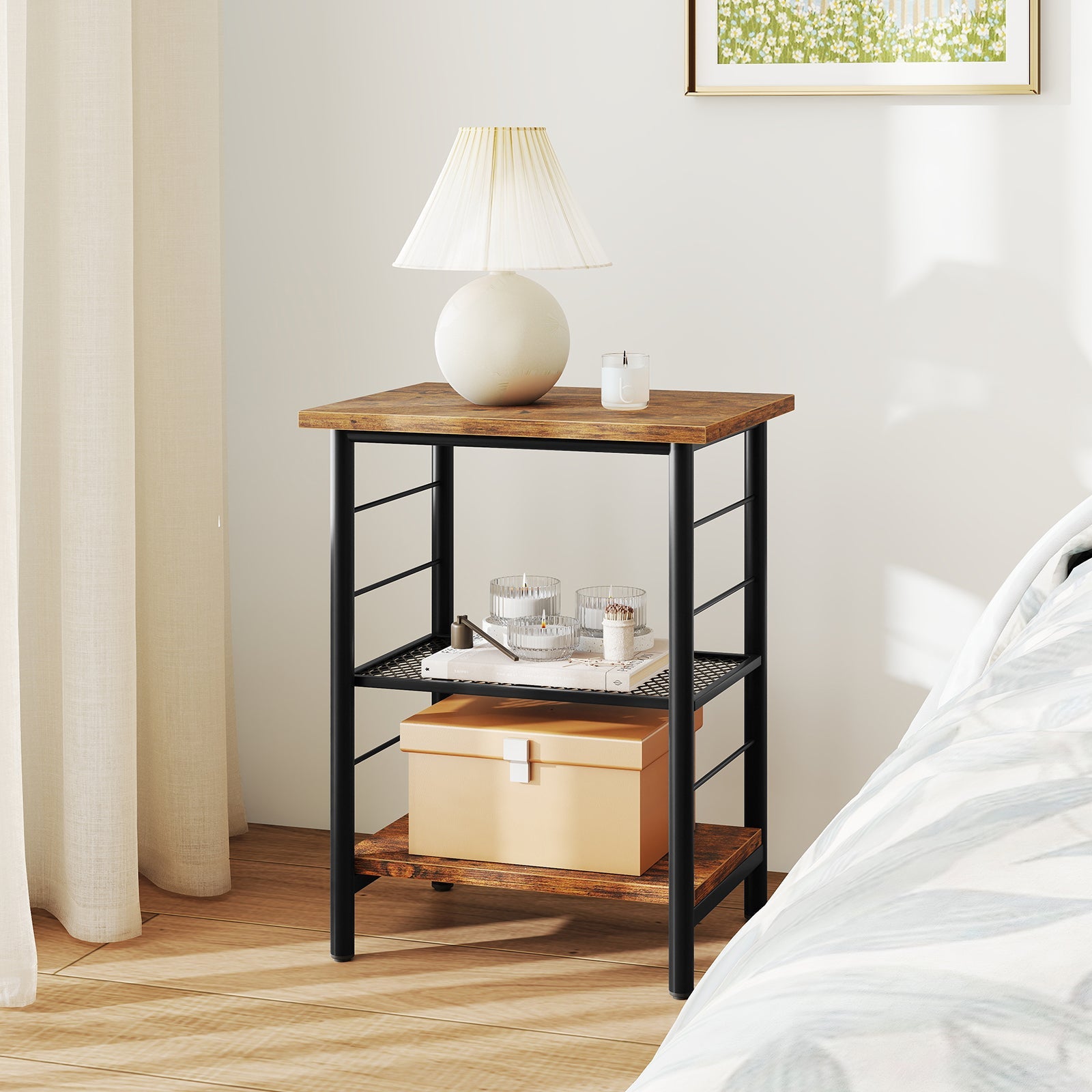 3-Tier End Table Space-Saving Nightstand Industrial Bedside Table -Rustic Brown