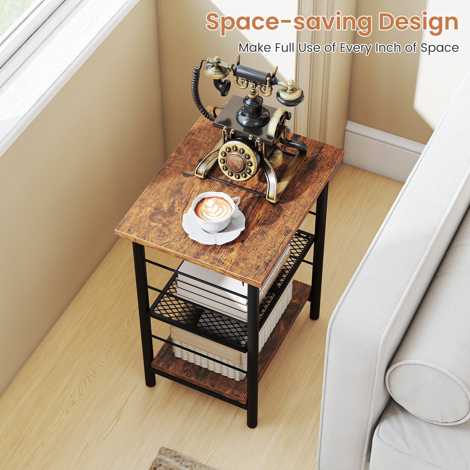 3-Tier End Table Space-Saving Nightstand Industrial Bedside Table -Rustic Brown