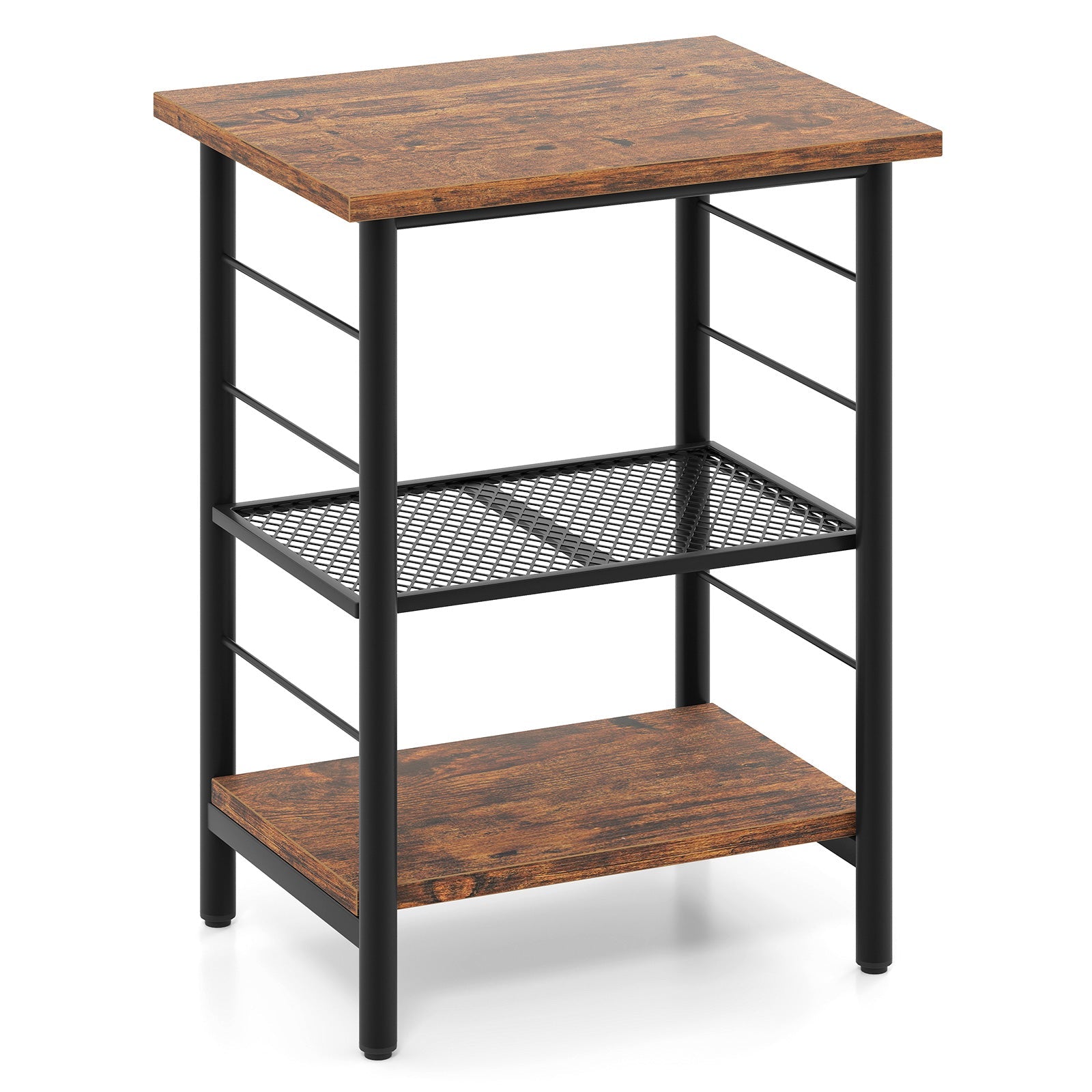 3-Tier End Table Space-Saving Nightstand Industrial Bedside Table -Rustic Brown
