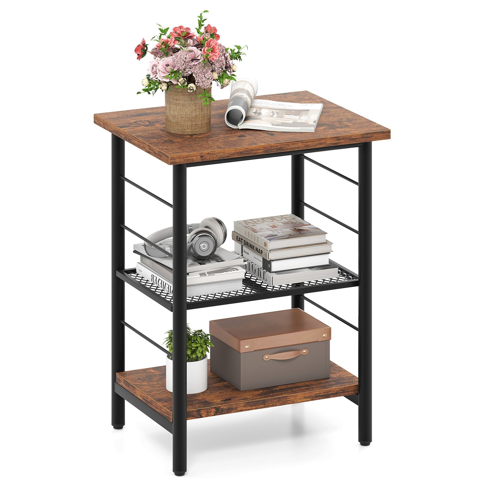 3-Tier End Table Space-Saving Nightstand Industrial Bedside Table -Rustic Brown