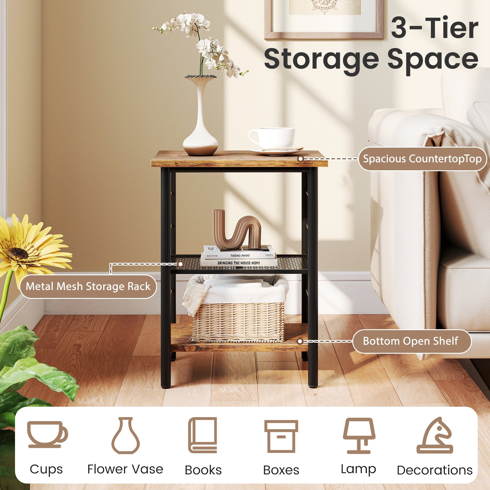 3-Tier End Table Space-Saving Nightstand Industrial Bedside Table -Rustic Brown