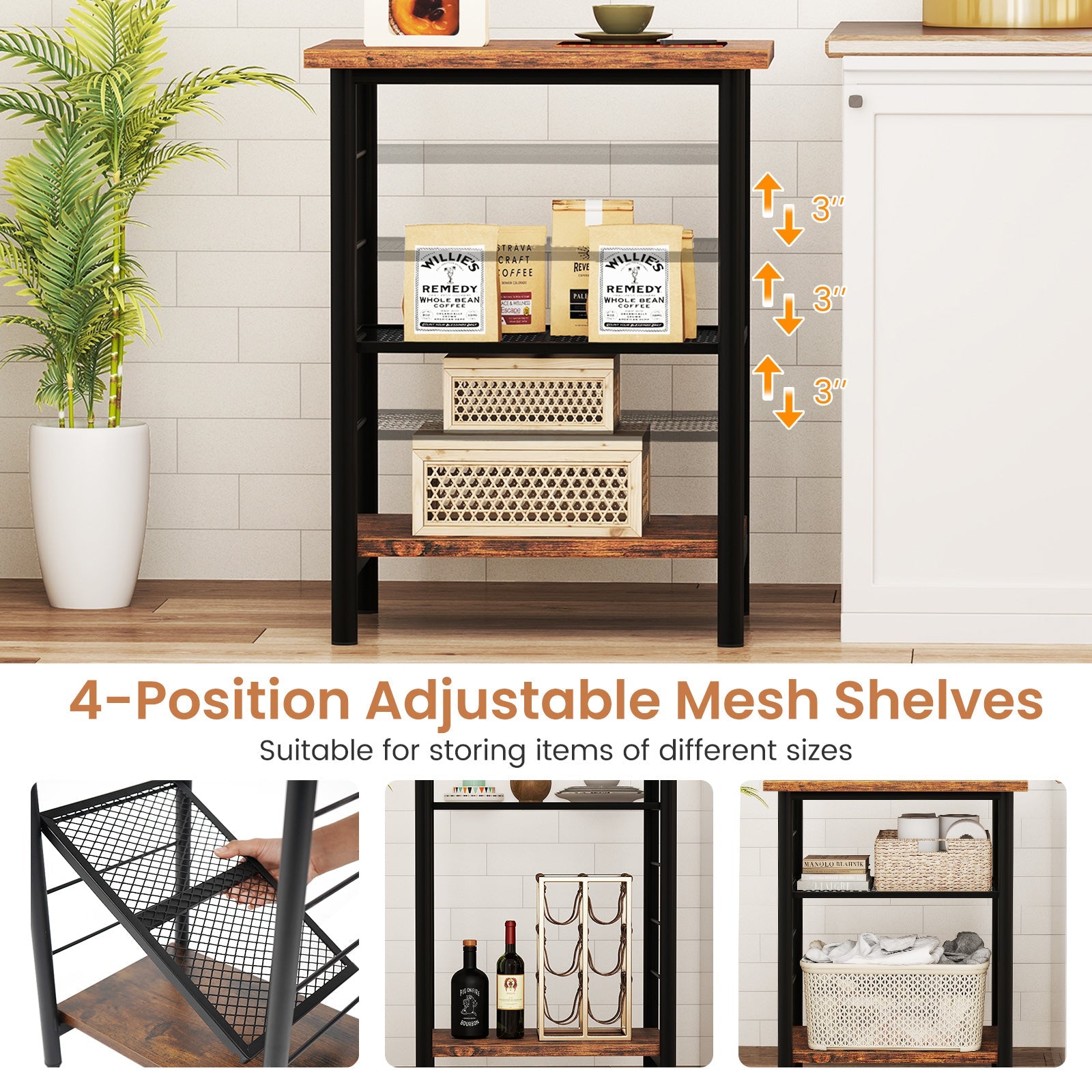 3-Tier End Table Space-Saving Nightstand Industrial Bedside Table -Rustic Brown