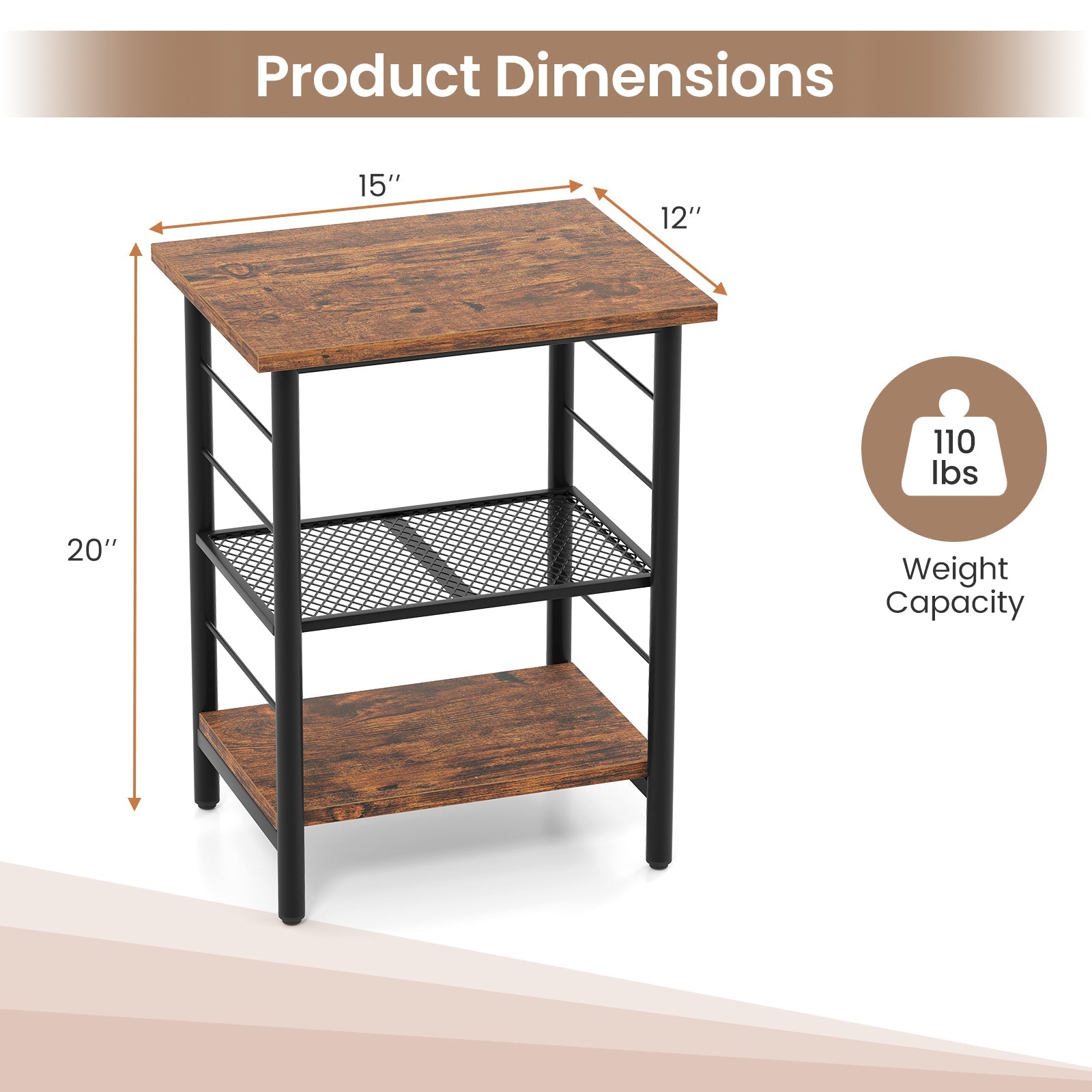 3-Tier End Table Space-Saving Nightstand Industrial Bedside Table -Rustic Brown