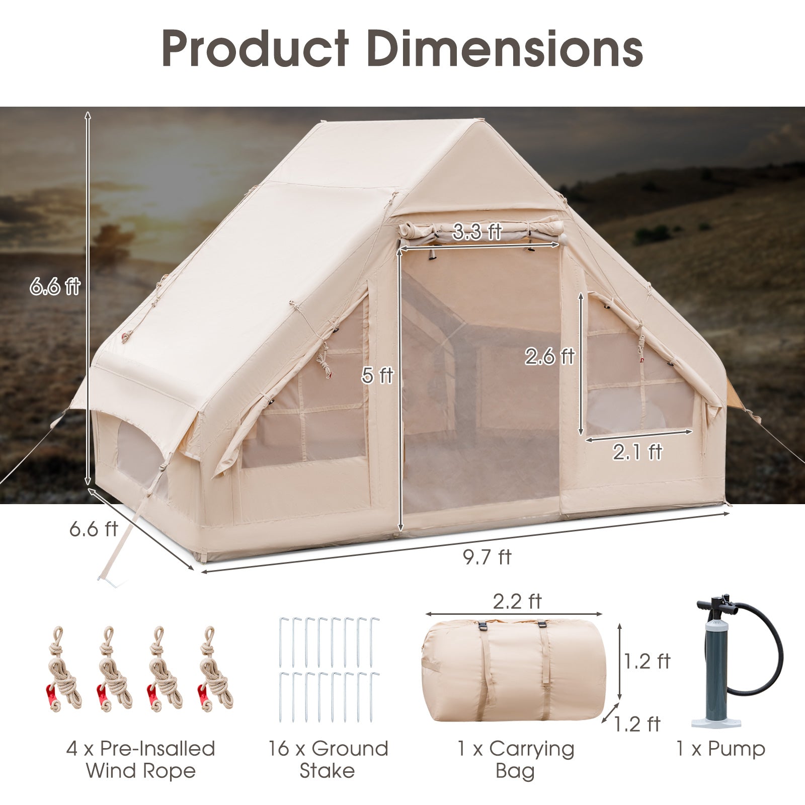 Inflatable Camping Tent 2/4/6 Pump-Beige