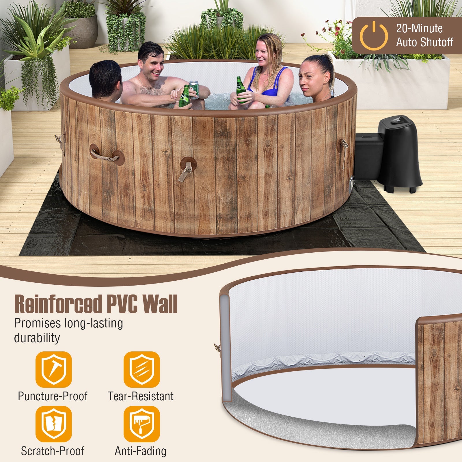 72 Inches Inflatable Hot Tub SPA with 120 Air Jets Electric Heater Pump -Coffee