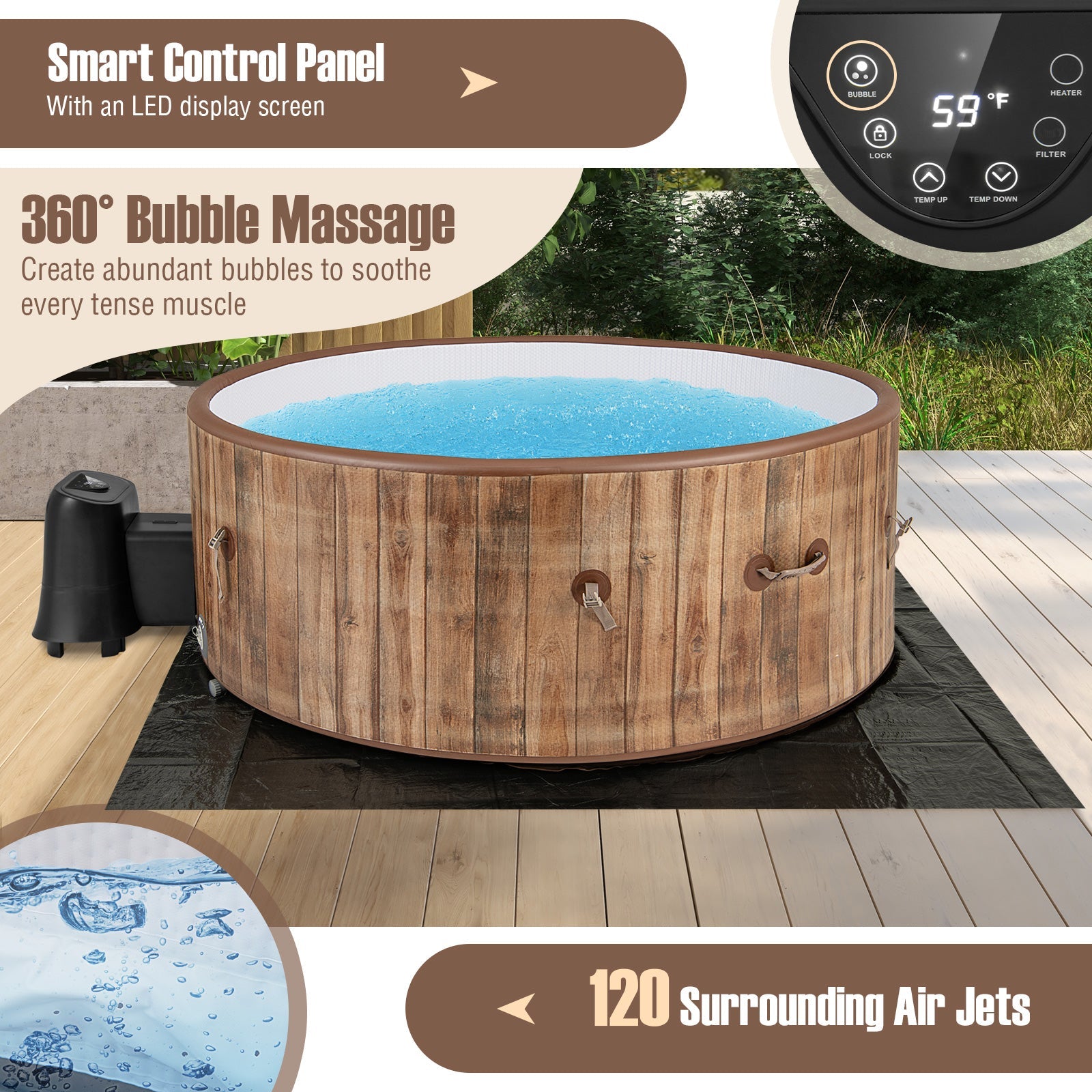 72 Inches Inflatable Hot Tub SPA with 120 Air Jets Electric Heater Pump -Coffee