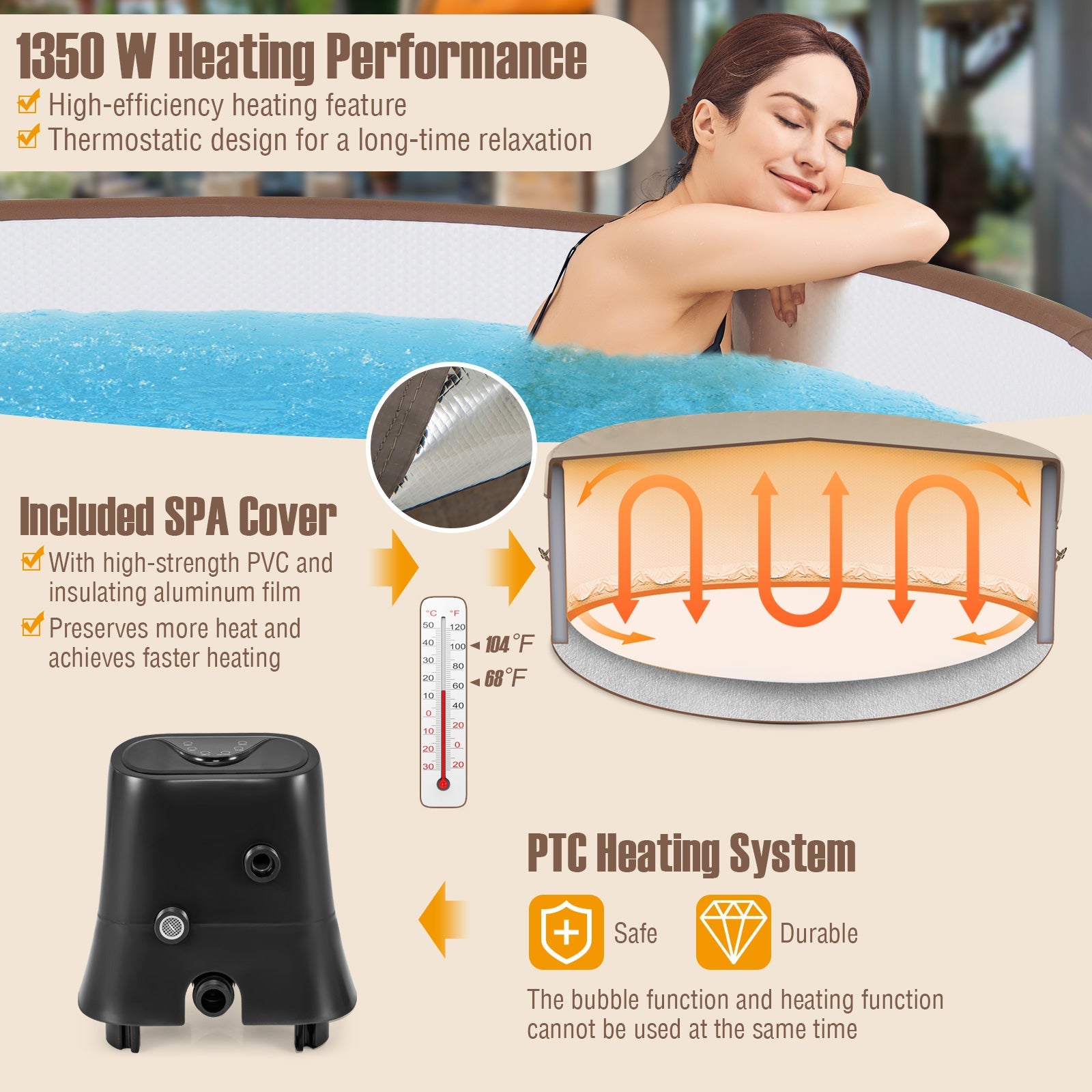 72 Inches Inflatable Hot Tub SPA with 120 Air Jets Electric Heater Pump -Coffee