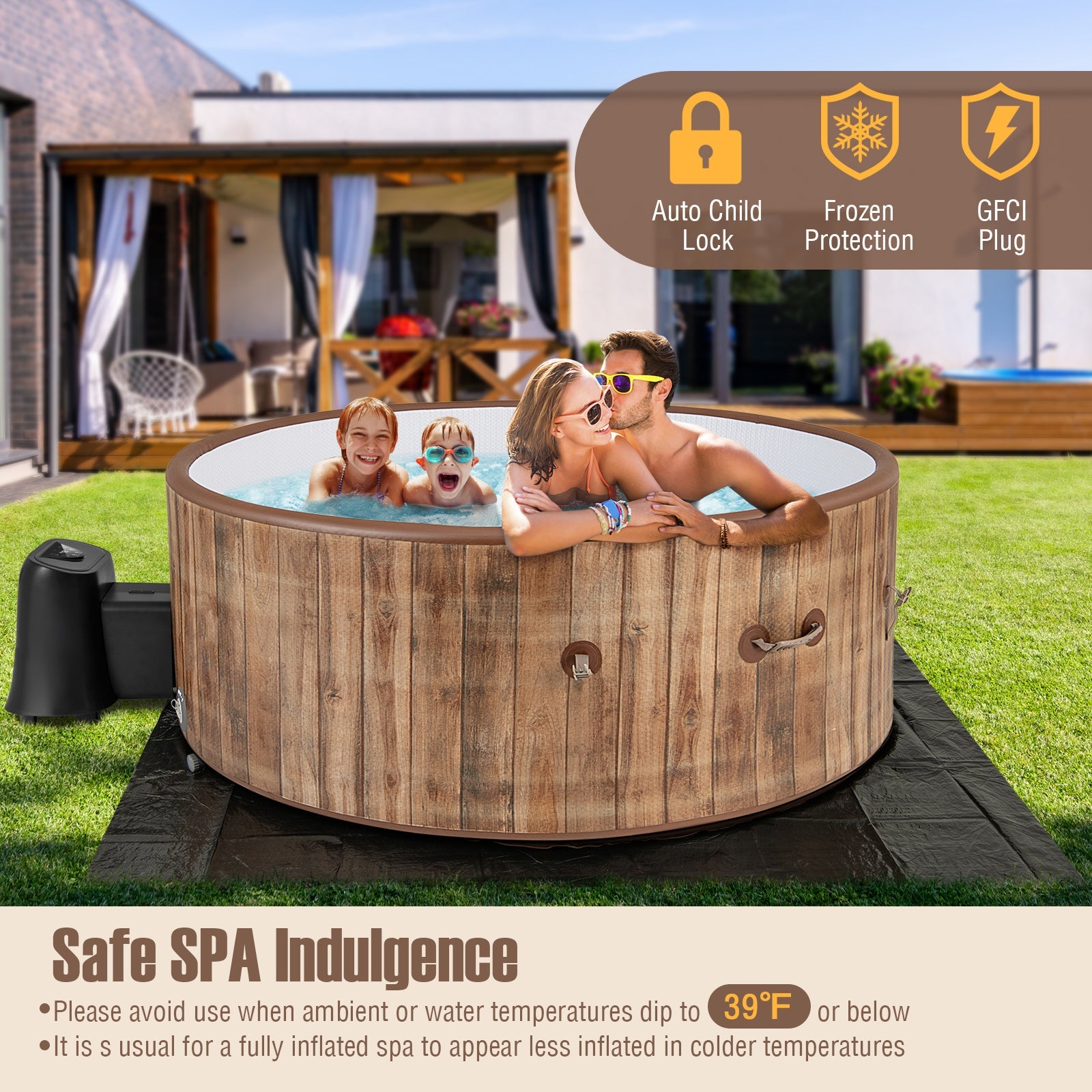 72 Inches Inflatable Hot Tub SPA with 120 Air Jets Electric Heater Pump -Coffee