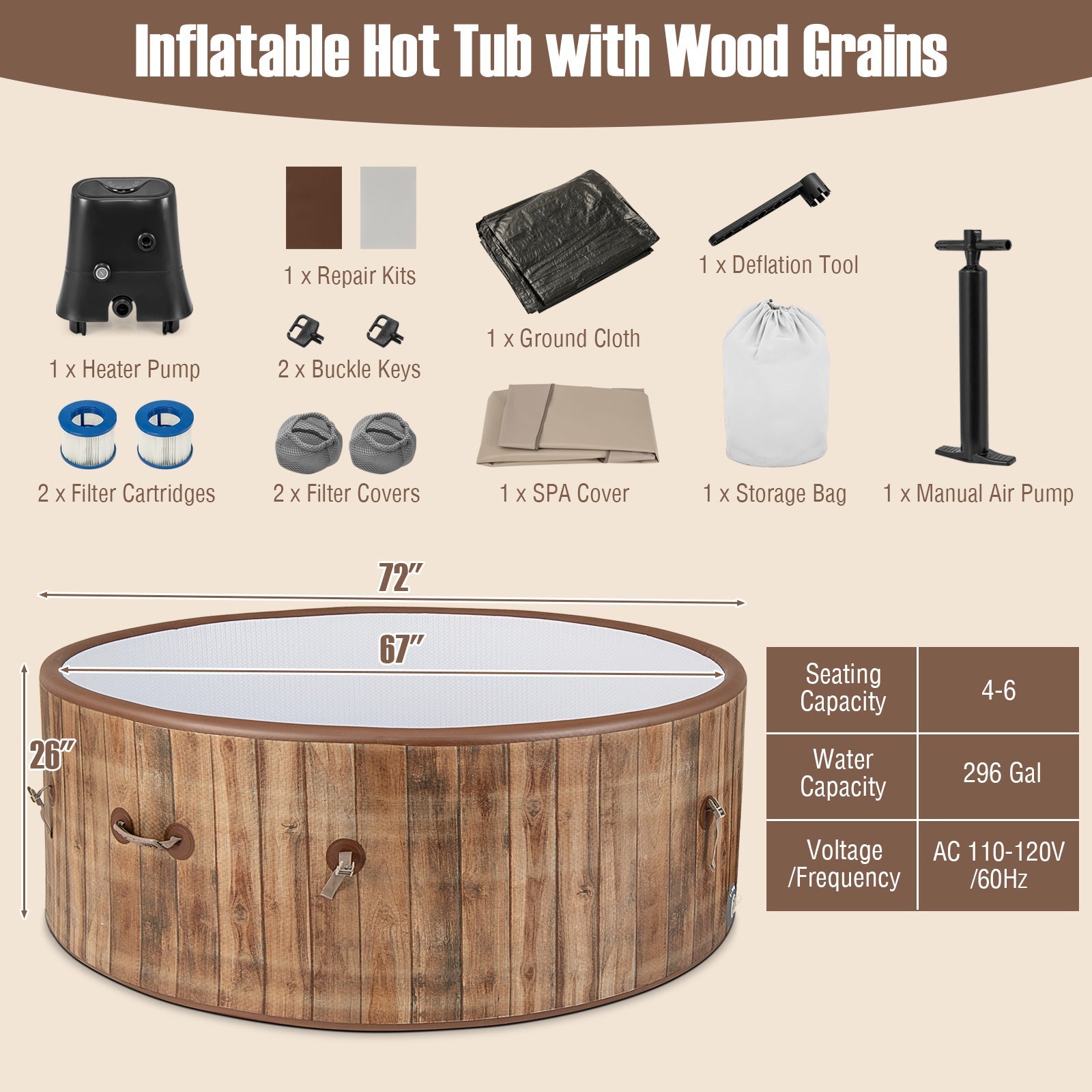 72 Inches Inflatable Hot Tub SPA with 120 Air Jets Electric Heater Pump -Coffee