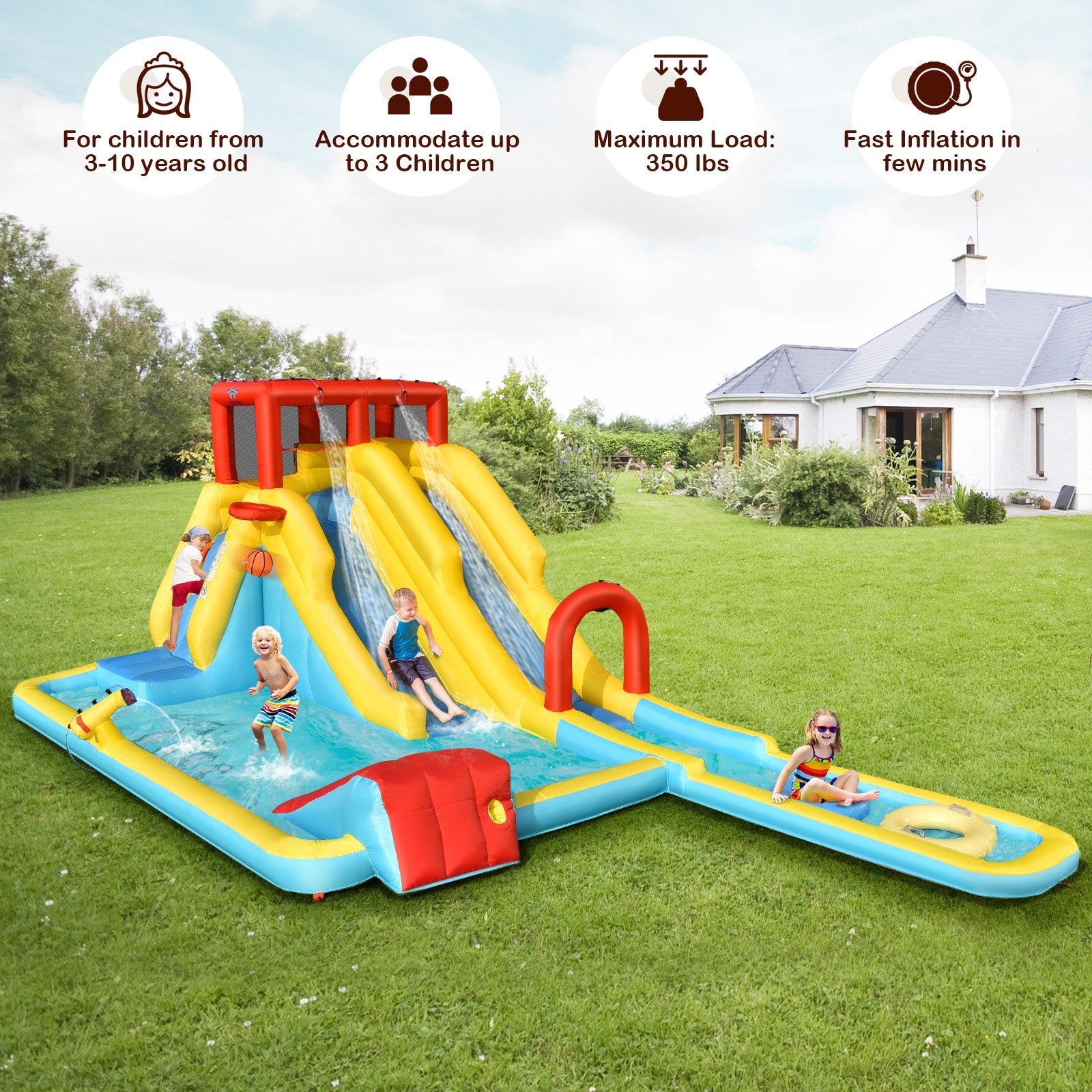 7-in-1 Inflatable Dual Slide Water Park Bounce House With 680W Blower