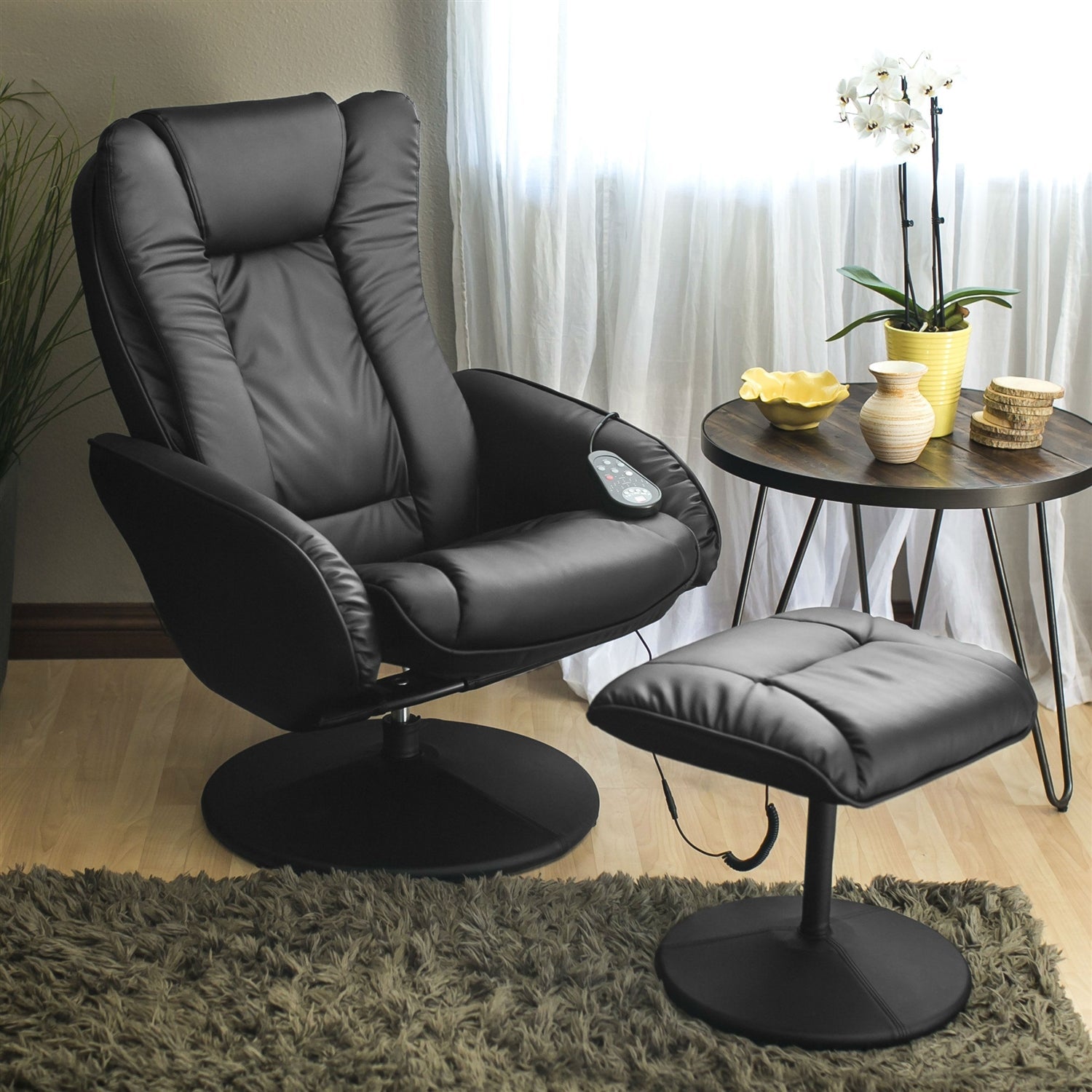 Black Faux Leather Electric Recliner Chair w/ Ottoman