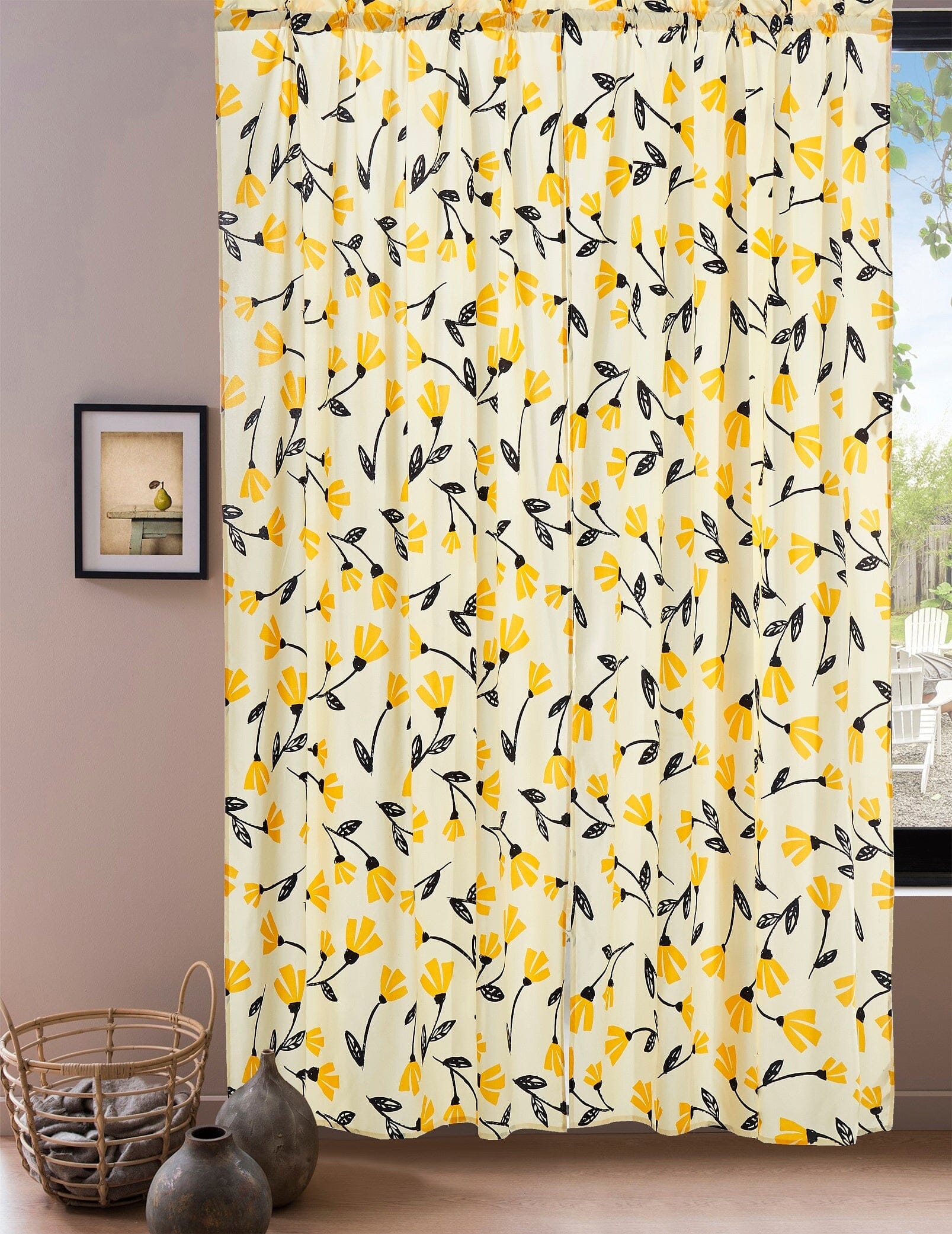 Set of 2 Botanical Floral Window Curtain Panels - Natural Semi Sheer