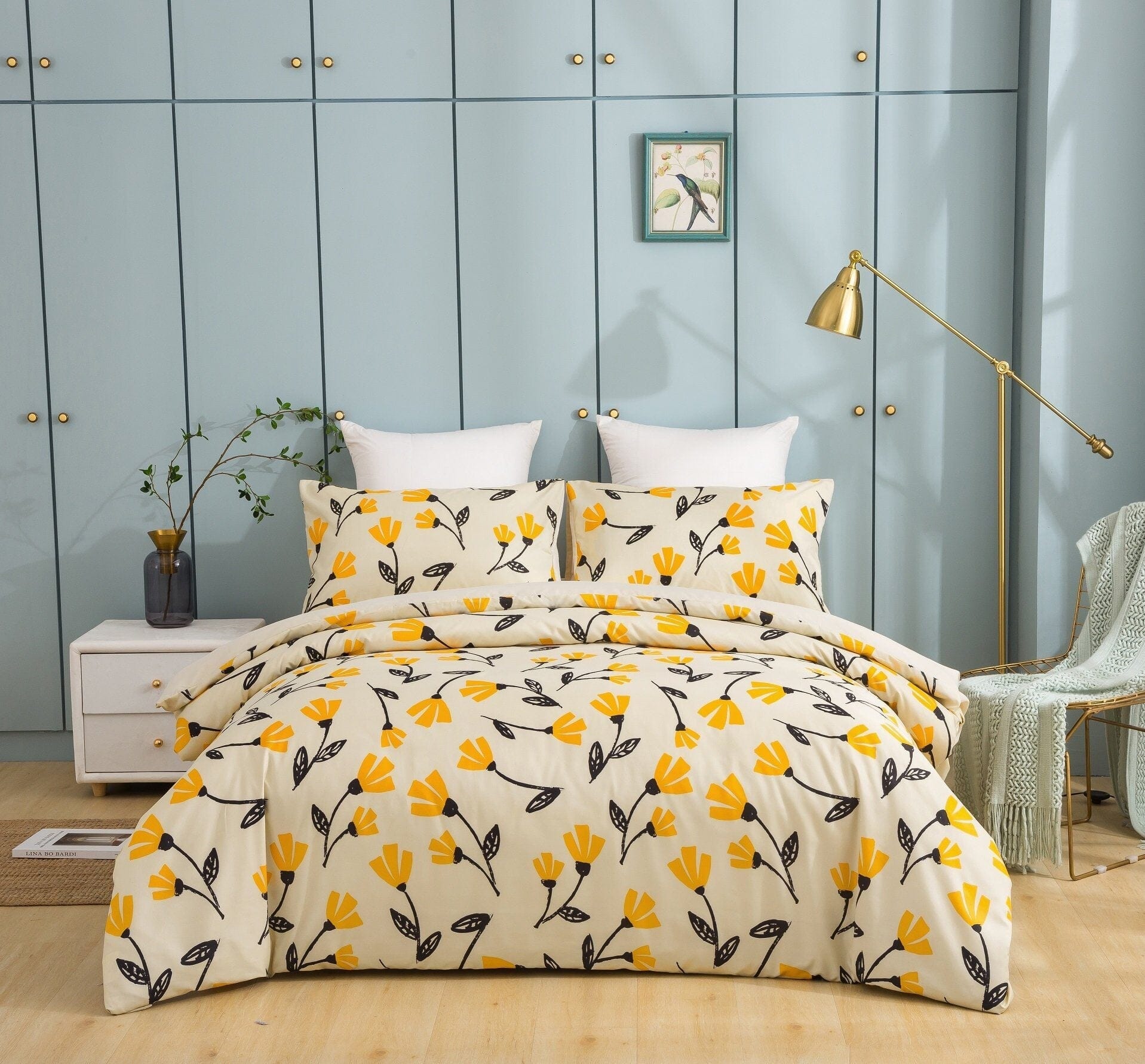 Floral Golden Orange Ivory Duvet Cover Set w/ Pillow Cases