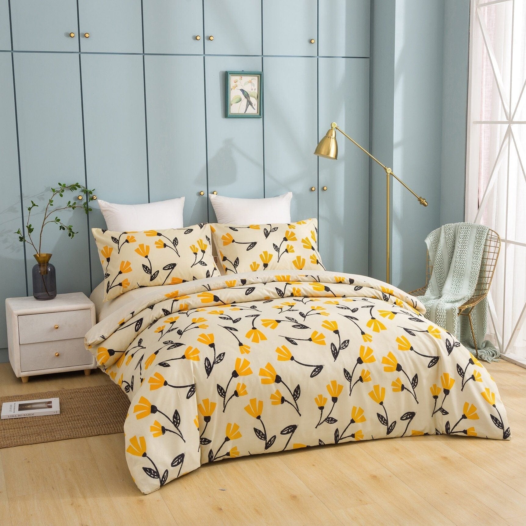 Yellow Fleur Golden Orange Duvet Cover & Fitted Flat Bed Sheets Set