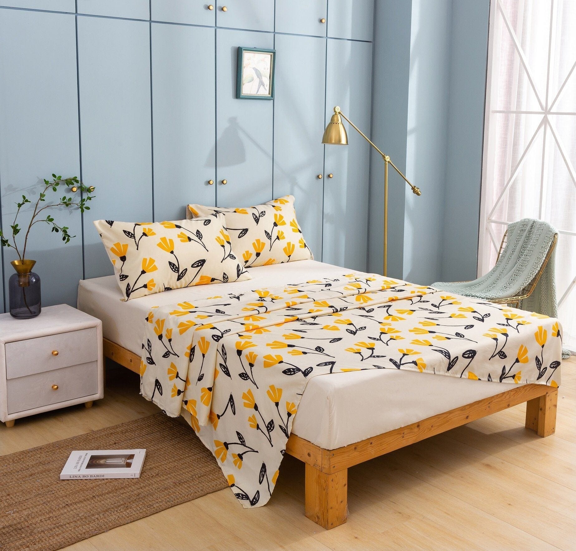 Yellow Fleur Golden Orange Floral Ivory Fitted & Flat Bed Sheets Set