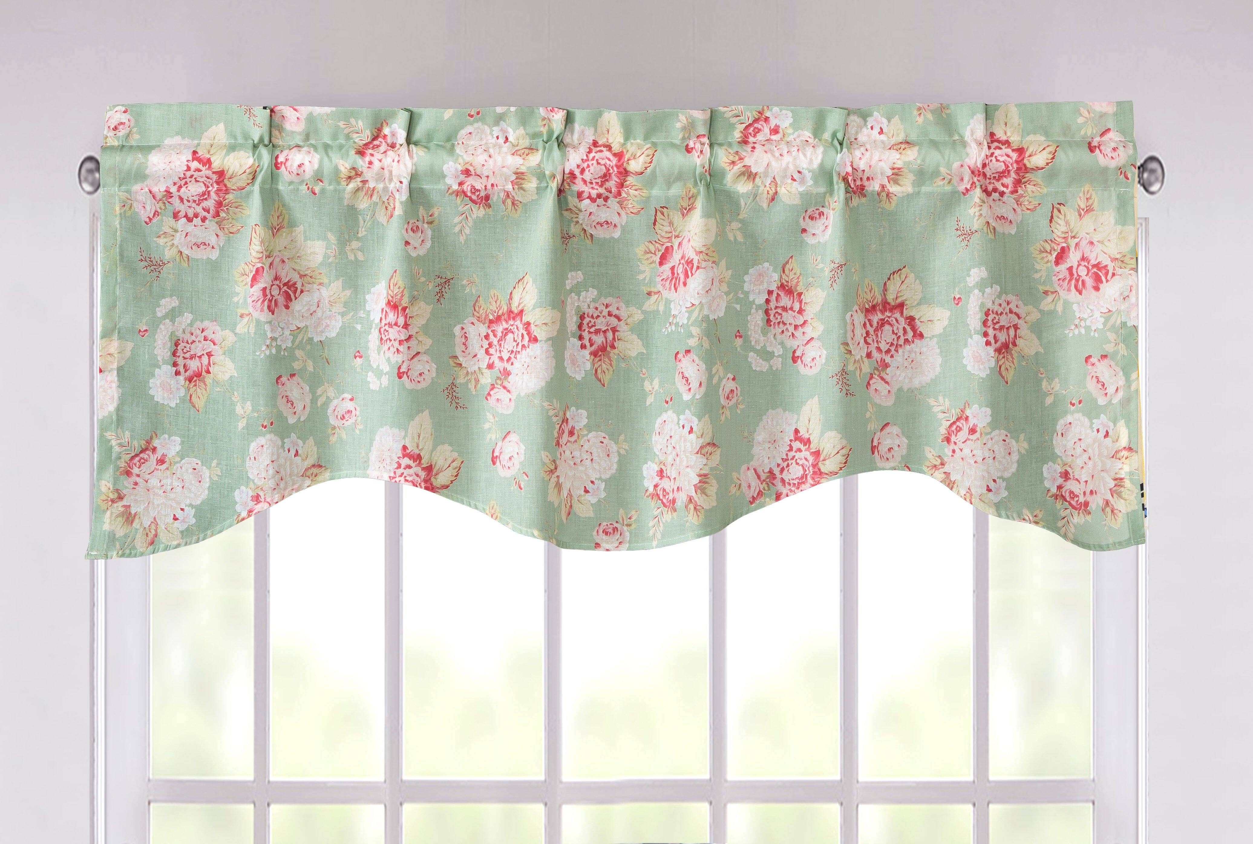 Hint of Mint Floral Pastel Roses Cottage Window Curtain Valance - 18" x 52"