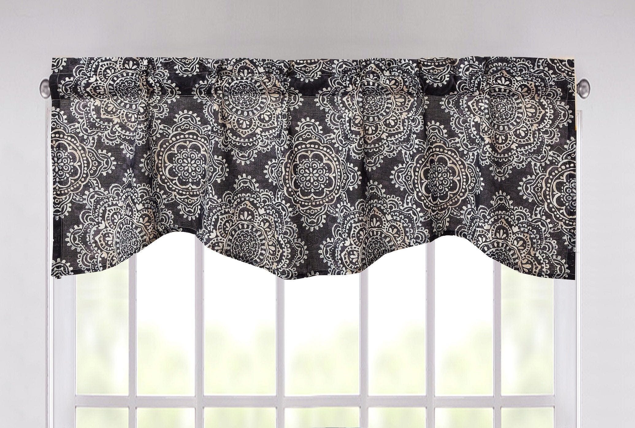 Navy Blue Bohemian Elegance Medallions Floral Window Curtain Valance - 18" x 52"