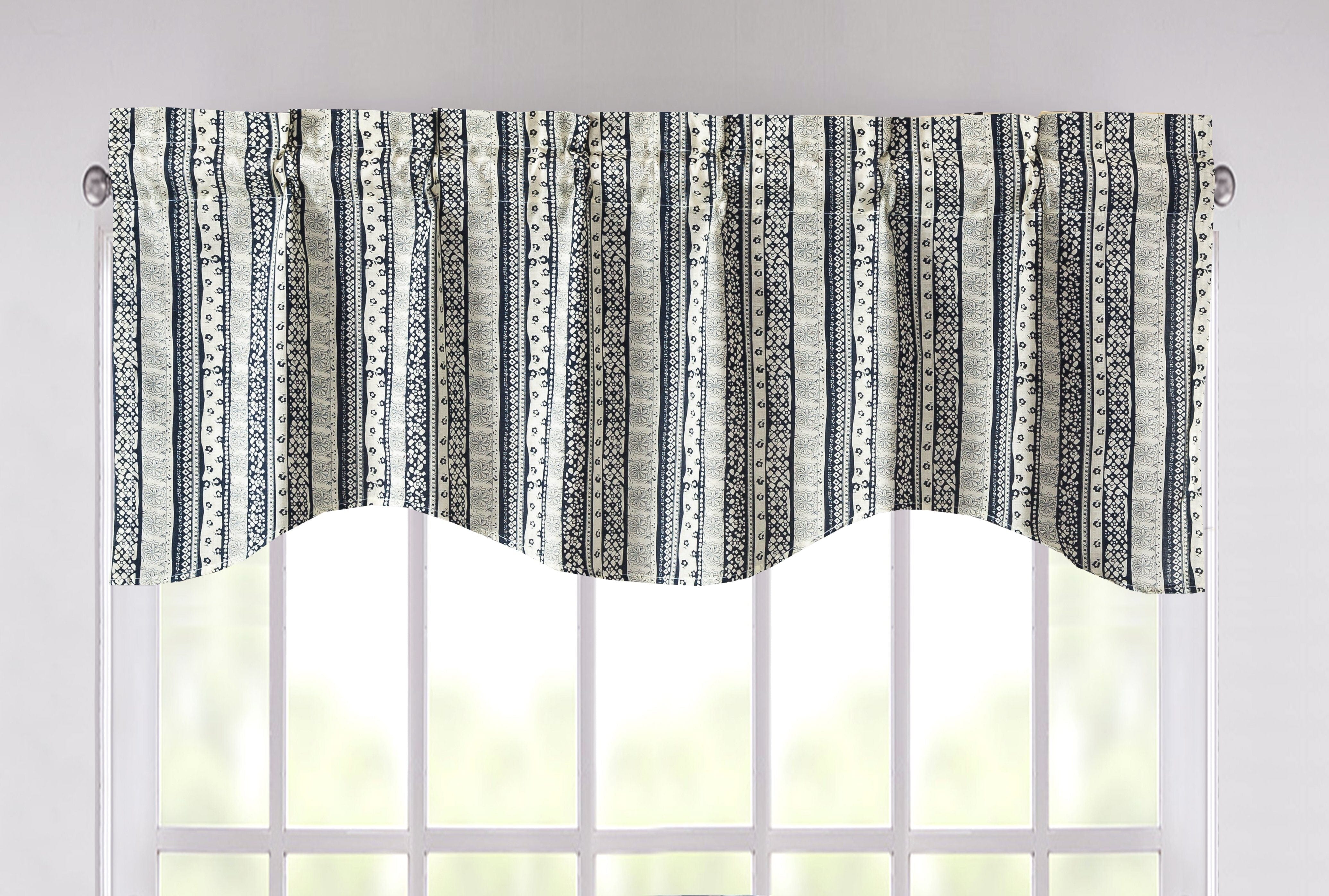 Denim Blue Elegance Striped Floral Window Curtain Valance - 18" x 52"