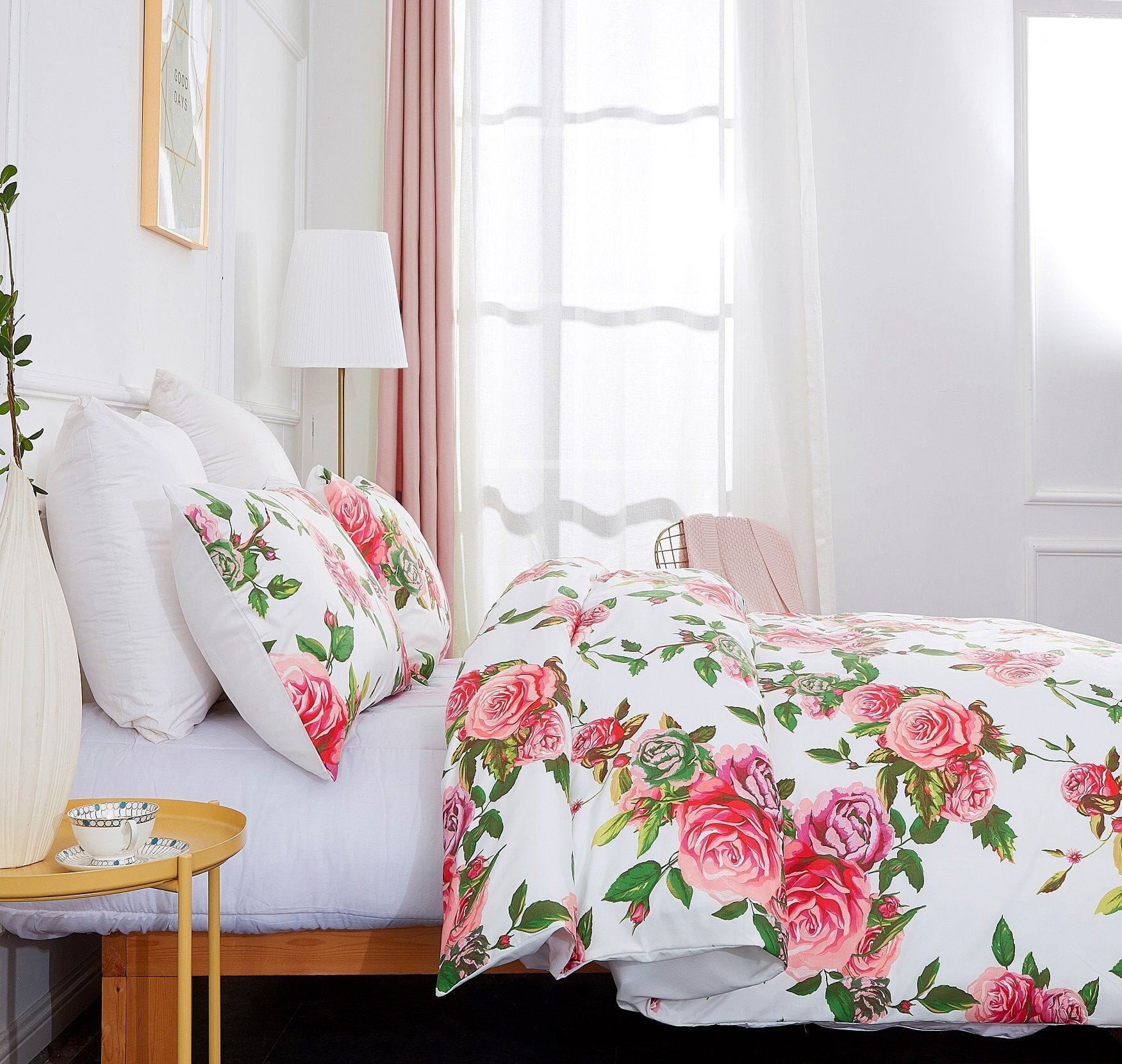 Lovely Spring Pink Floral Duvet Cover Set w/ Pillow Cases