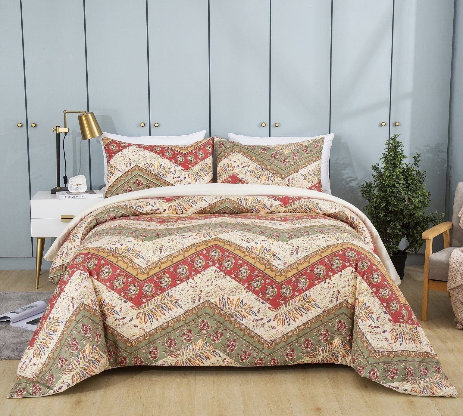 Cranberry Sage Chevron Floral Duvet Cover Set w/ Pillow Cases