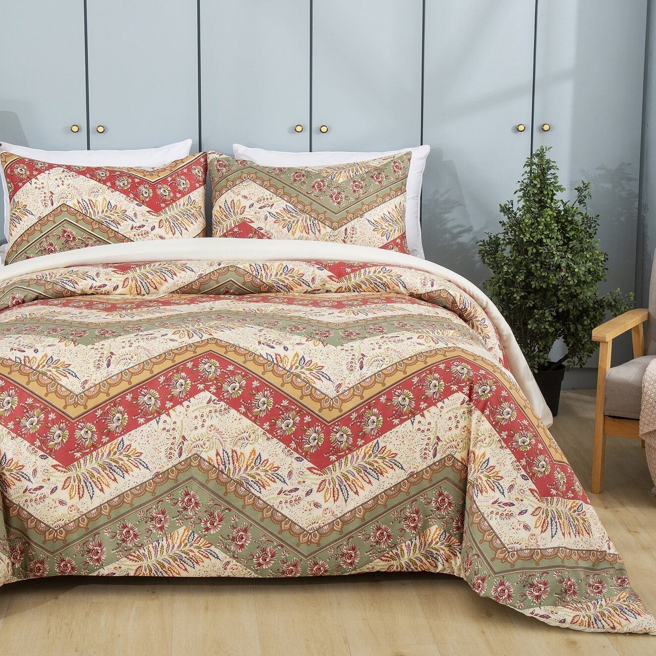 Cranberry Sage Chevron Floral Duvet Cover Set w/ Pillow Cases
