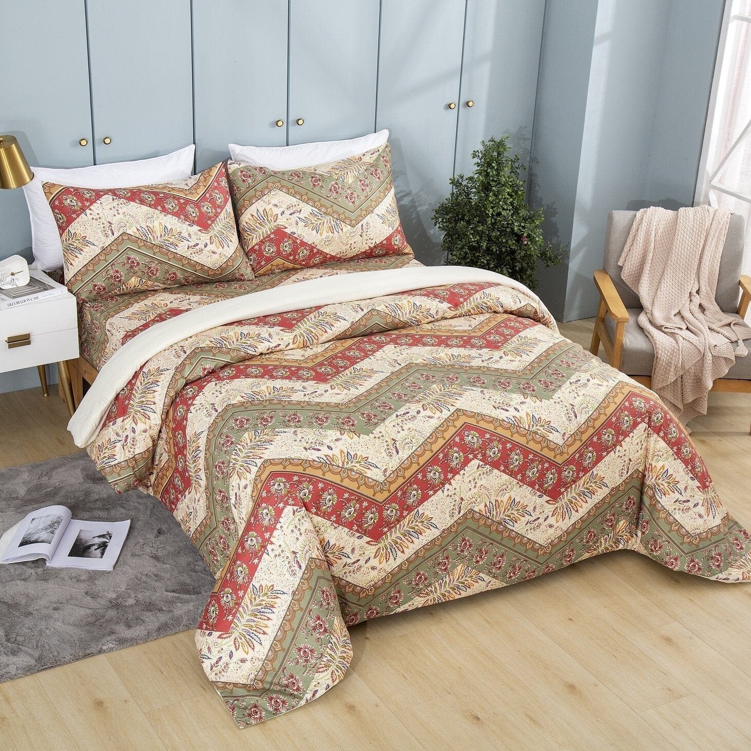 Cranberry Sage Chevron Floral Duvet Cover Set w/ Pillow Cases
