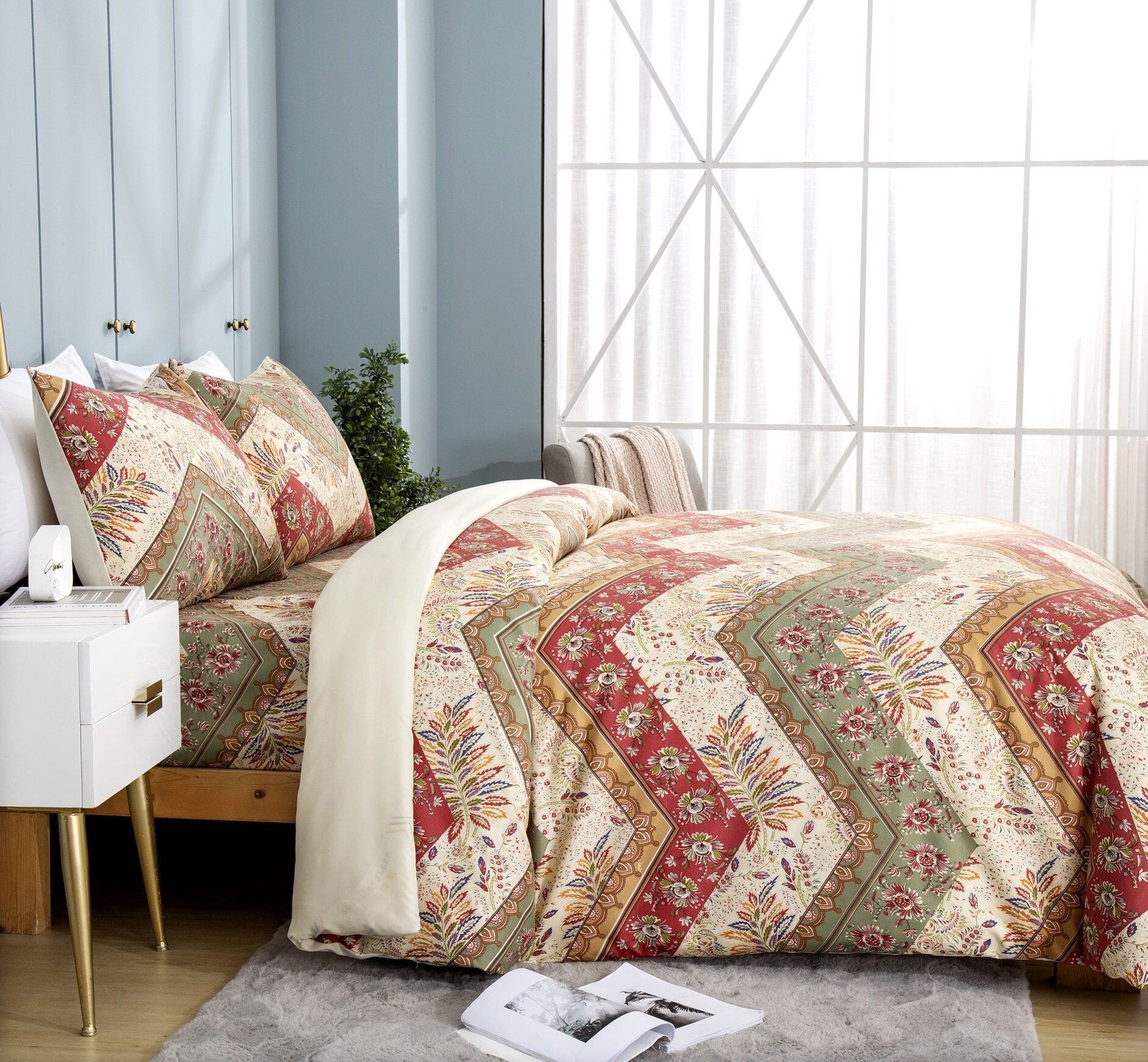 Cranberry Sage Chevron Floral Duvet Cover Set w/ Pillow Cases