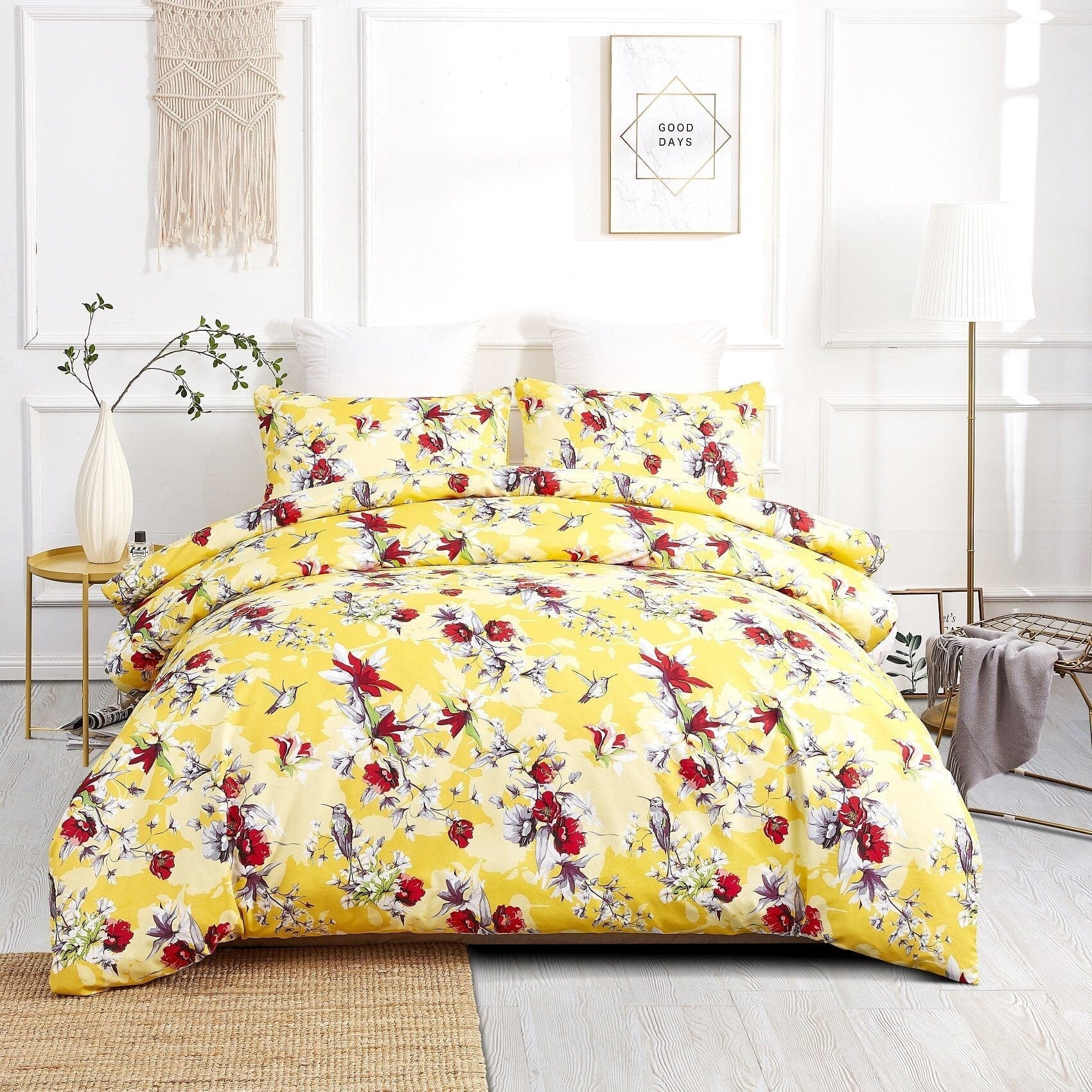 Sunshine Yellow Hummingbirds Floral Duvet Cover & Fitted Flat Bed Sheets Set