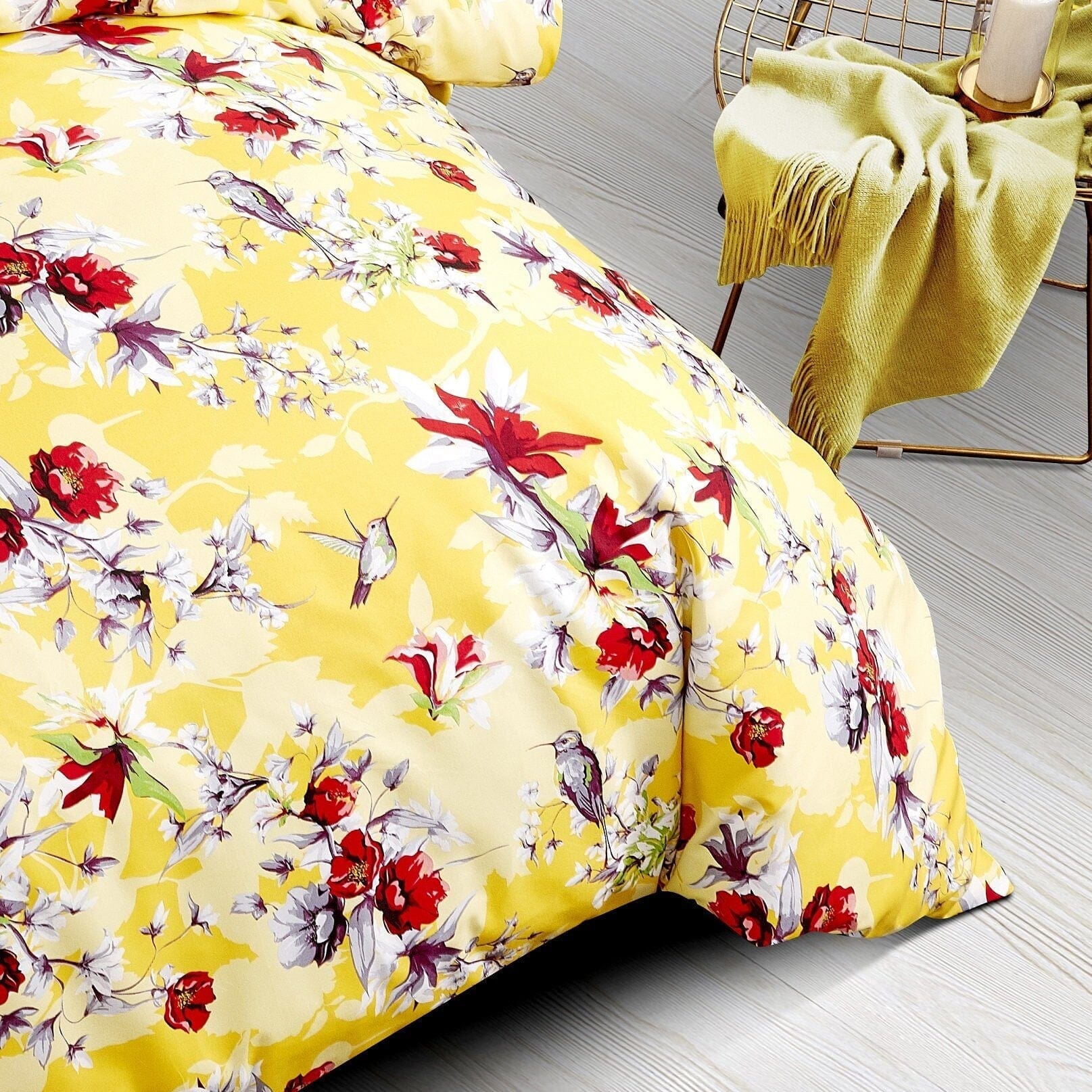 Sunshine Yellow Hummingbirds Floral Duvet Cover & Fitted Flat Bed Sheets Set
