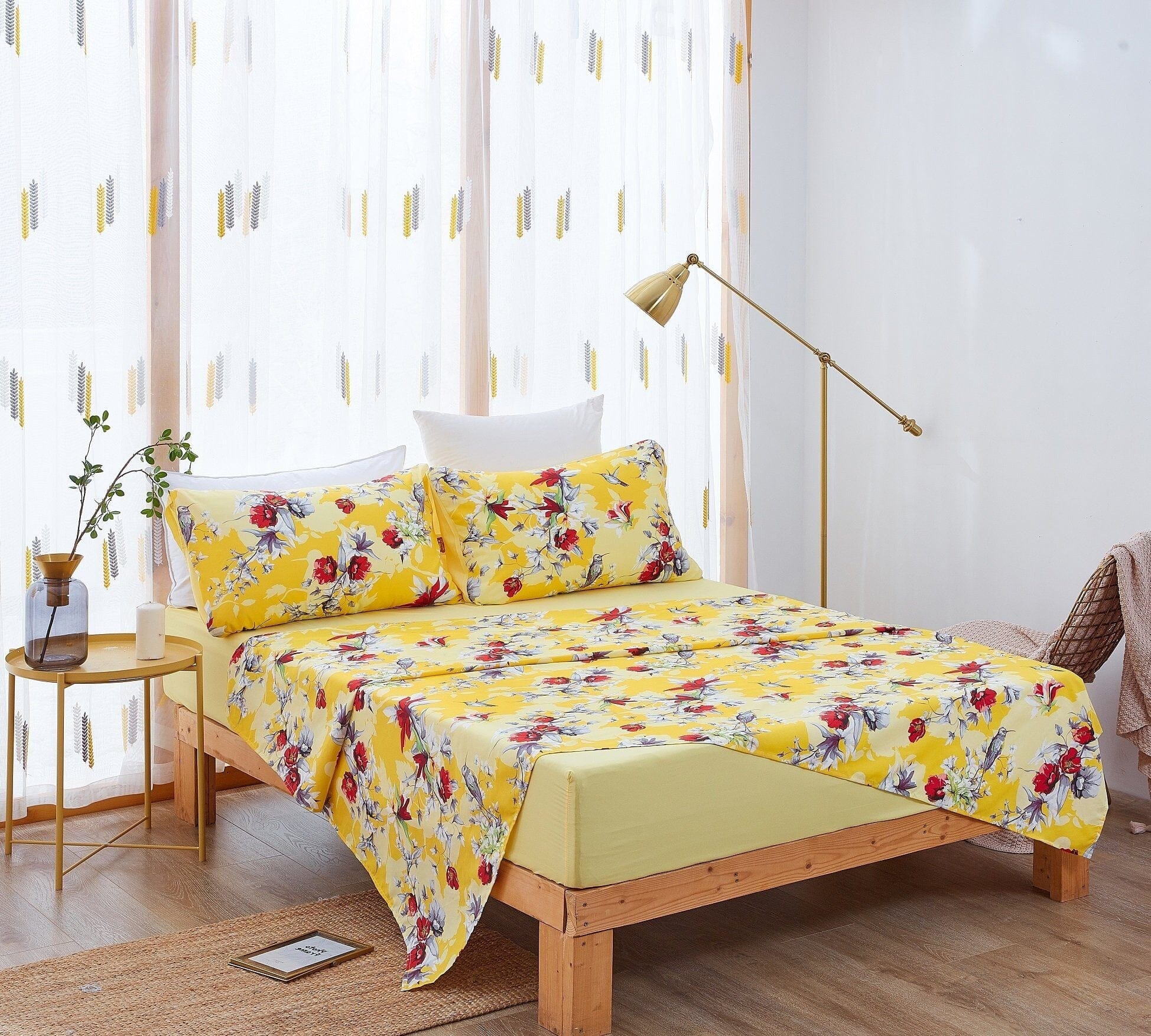 Sunshine Yellow Hummingbirds Floral Duvet Cover & Fitted Flat Bed Sheets Set
