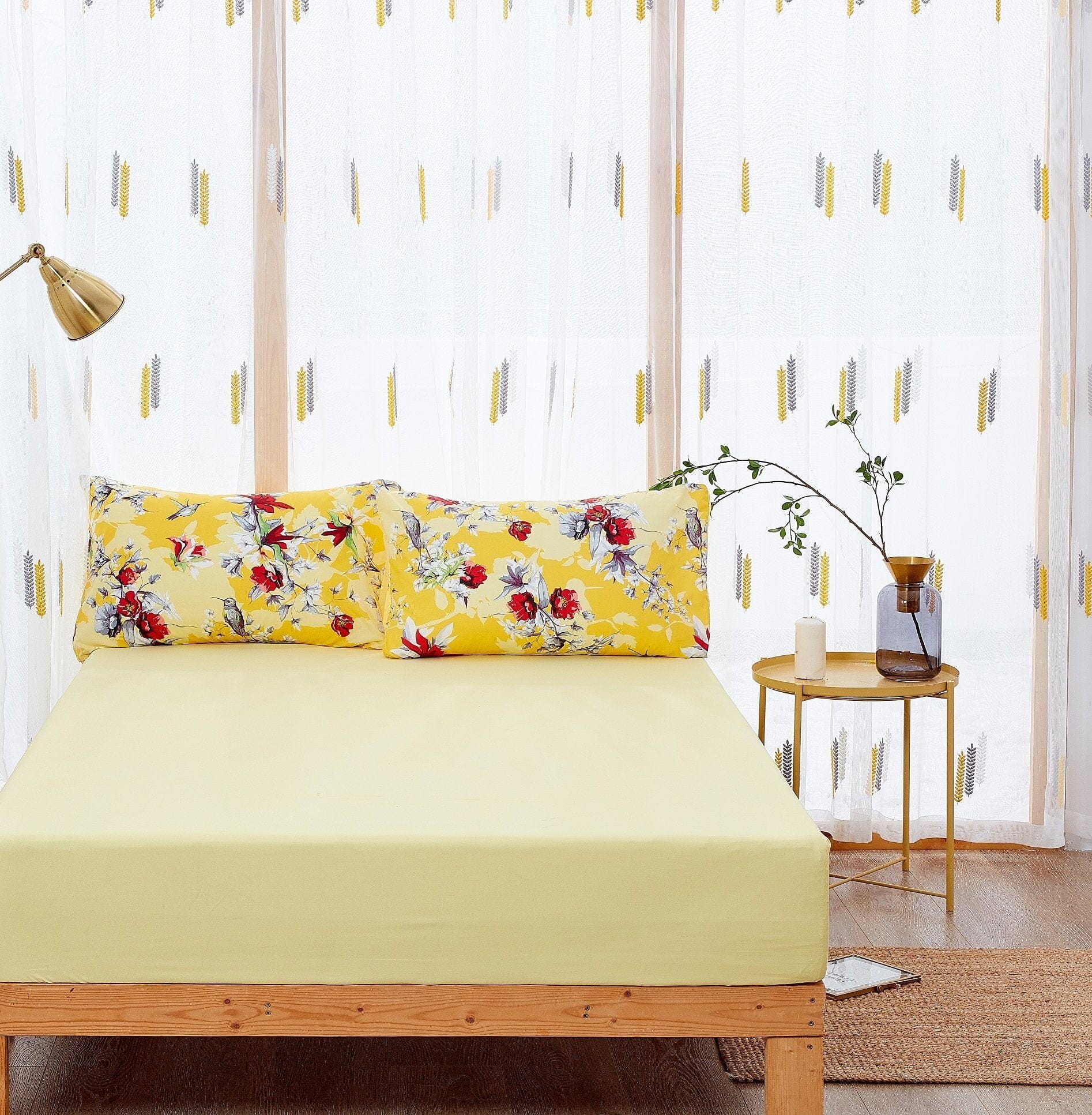 Sunshine Yellow Hummingbirds Floral Fitted & Flat Bed Sheets Set