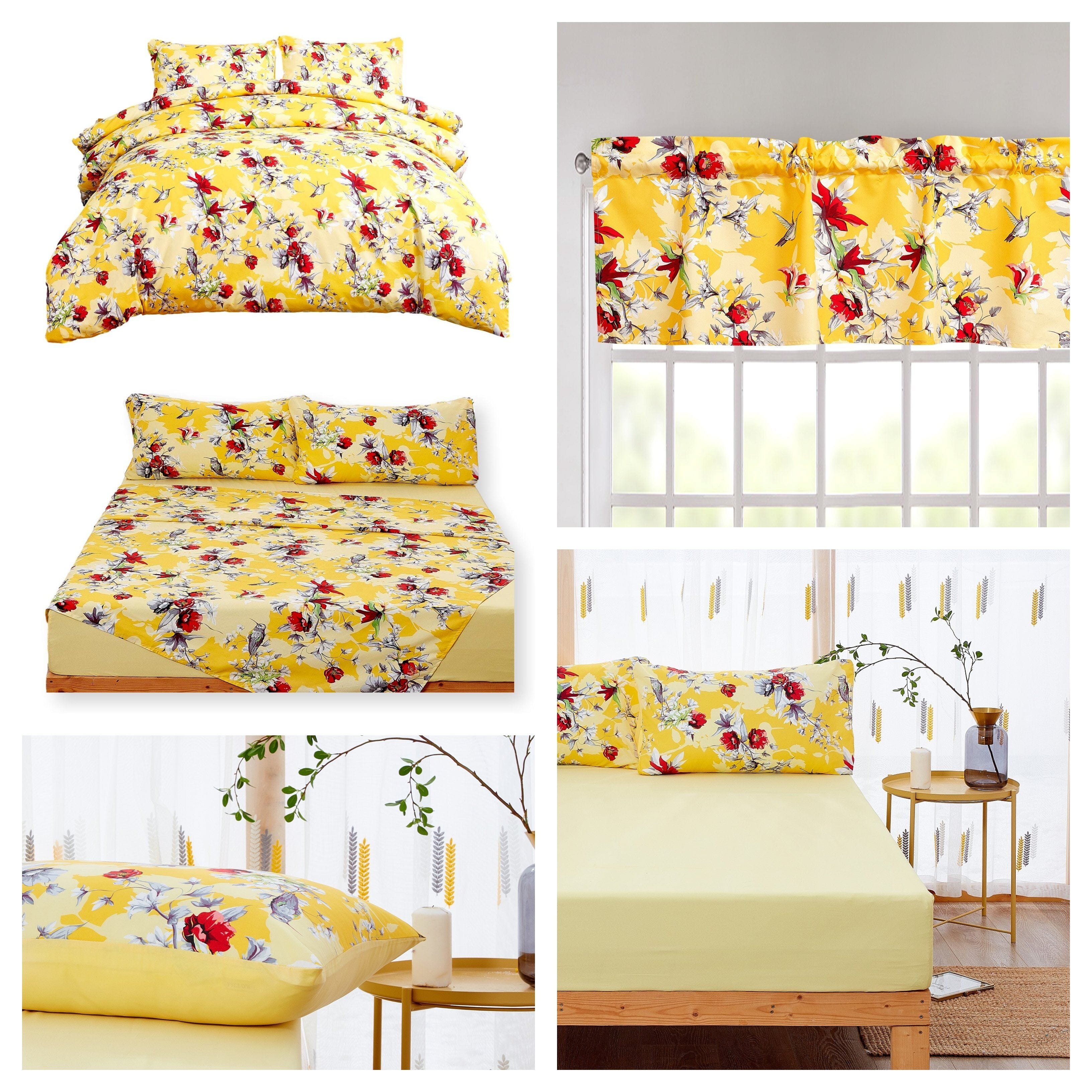 Sunshine Yellow Hummingbirds Floral Duvet Cover & Fitted Flat Bed Sheets Set