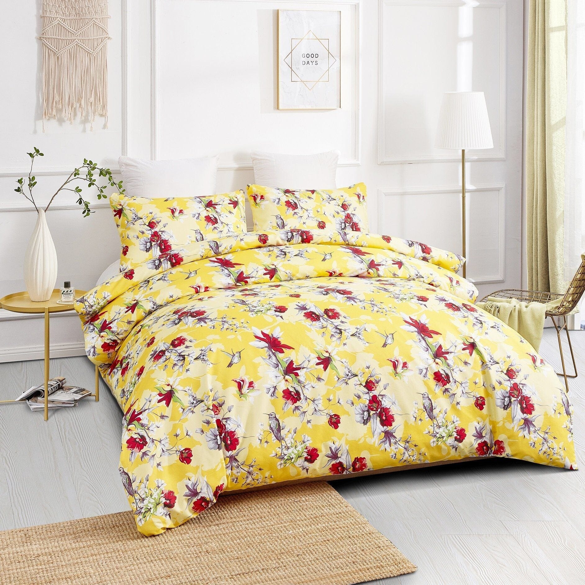 Yellow Hummingbirds Floral Duvet Cover Set w/ Pillow Cases