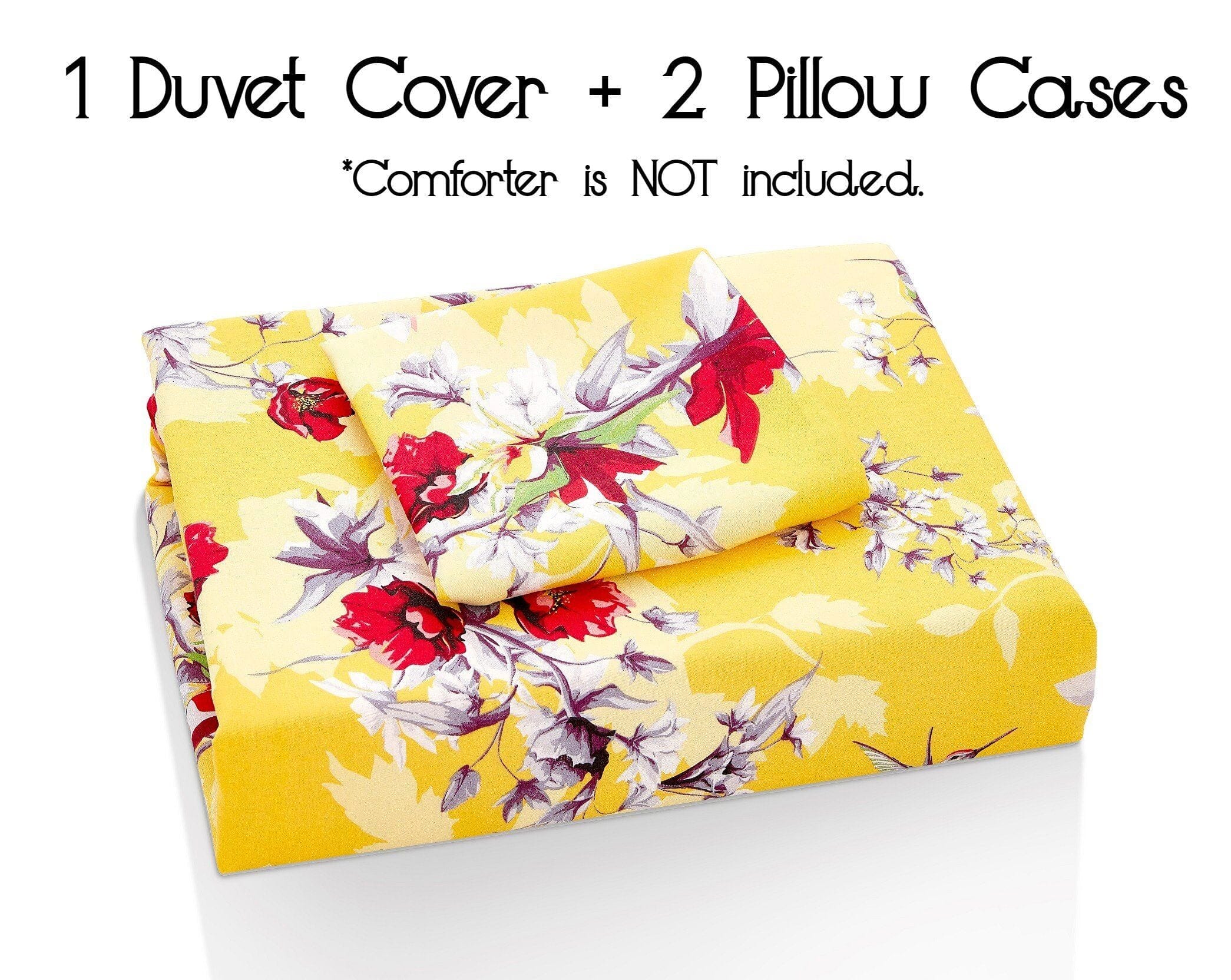 Yellow Hummingbirds Floral Duvet Cover Set w/ Pillow Cases
