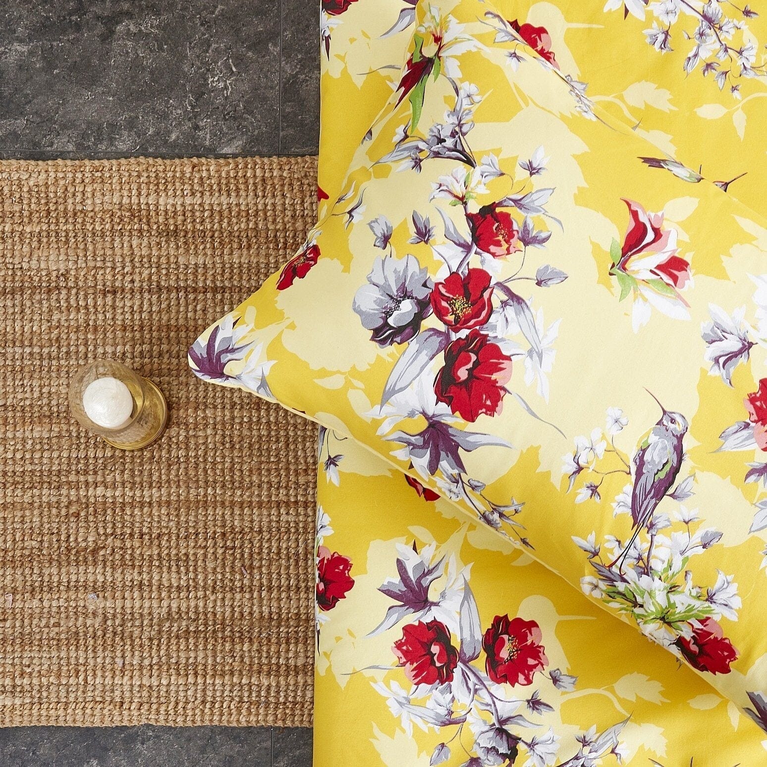 Sunshine Yellow Hummingbirds Floral Fitted Bed Sheet w/ Pillow Cases
