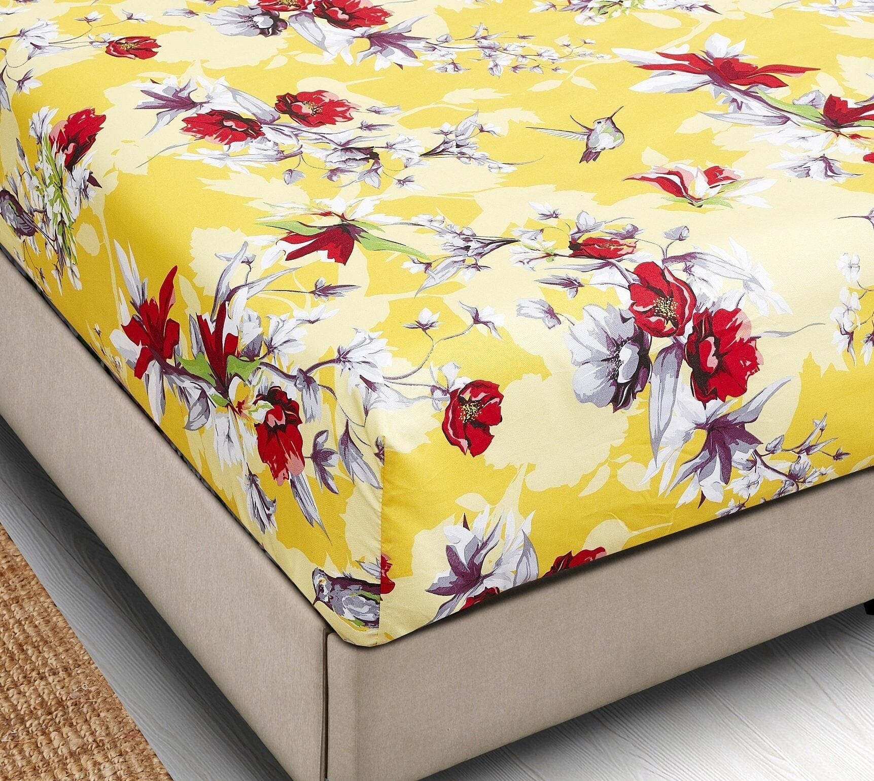Sunshine Yellow Hummingbirds Floral Fitted Bed Sheet w/ Pillow Cases