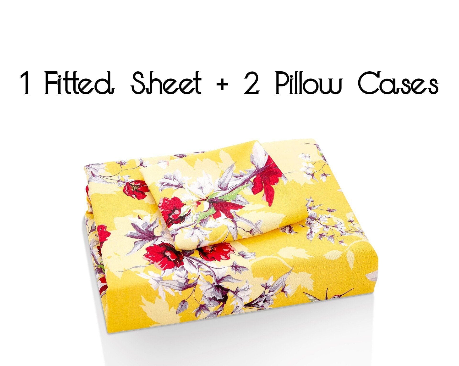Sunshine Yellow Hummingbirds Floral Fitted Bed Sheet w/ Pillow Cases