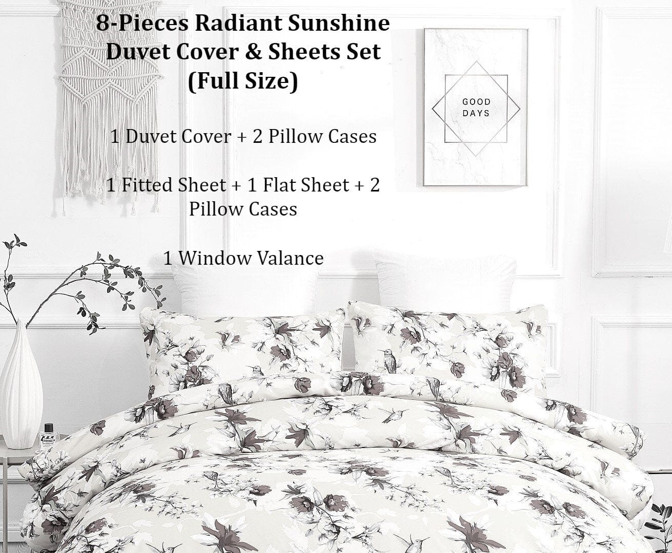 Sunshine Yellow Hummingbirds Floral Duvet Cover & Fitted Flat Bed Sheets Set