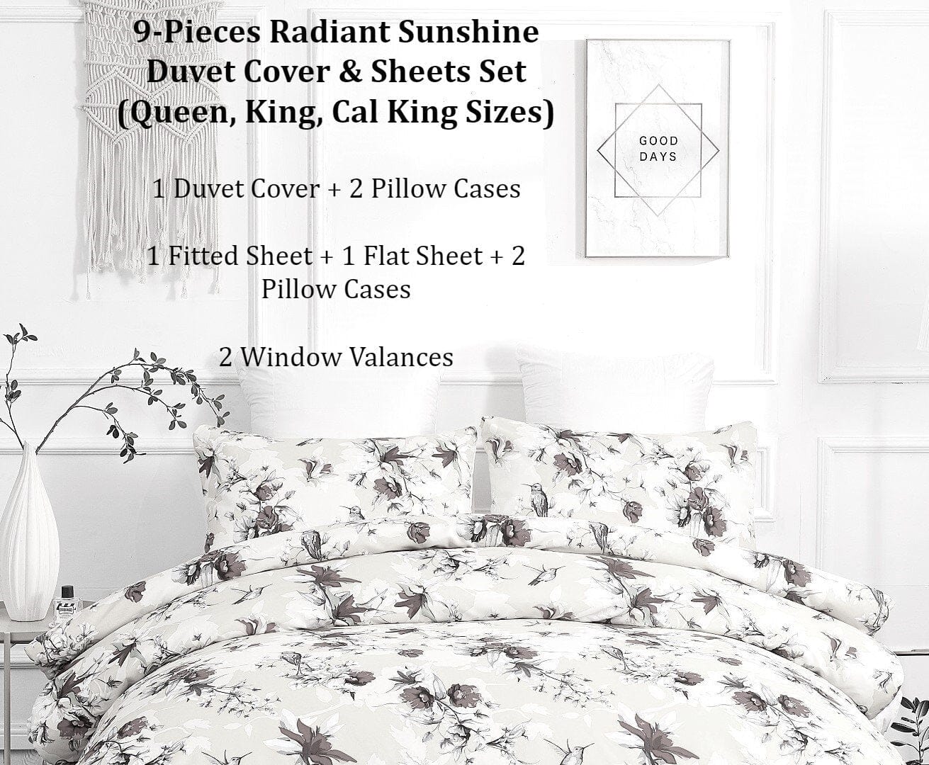 Sunshine Yellow Hummingbirds Floral Duvet Cover & Fitted Flat Bed Sheets Set