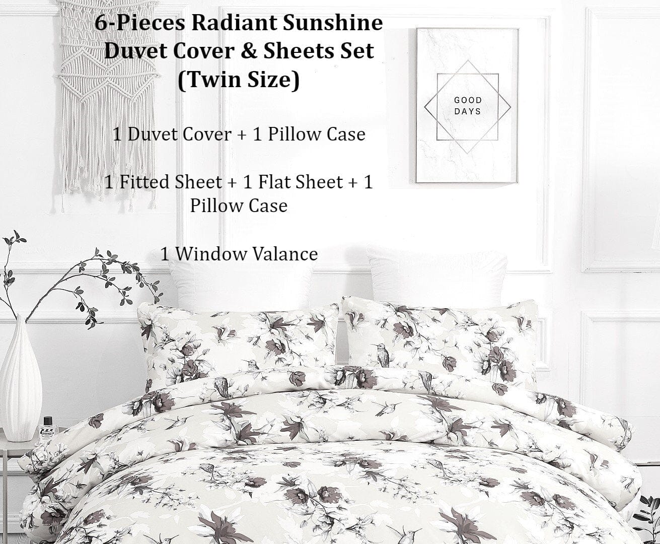 Sunshine Yellow Hummingbirds Floral Duvet Cover & Fitted Flat Bed Sheets Set