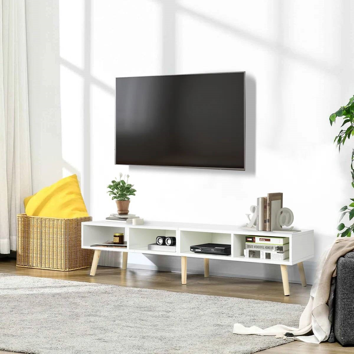 Mid-Century Style TV Stand in White with Wood Legs