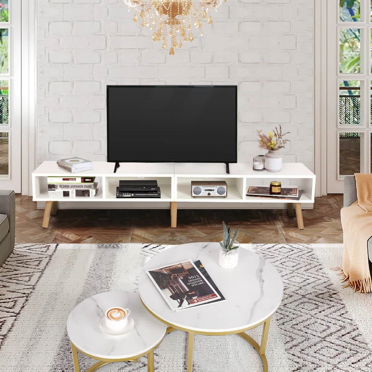 Mid-Century Style TV Stand in White with Wood Legs